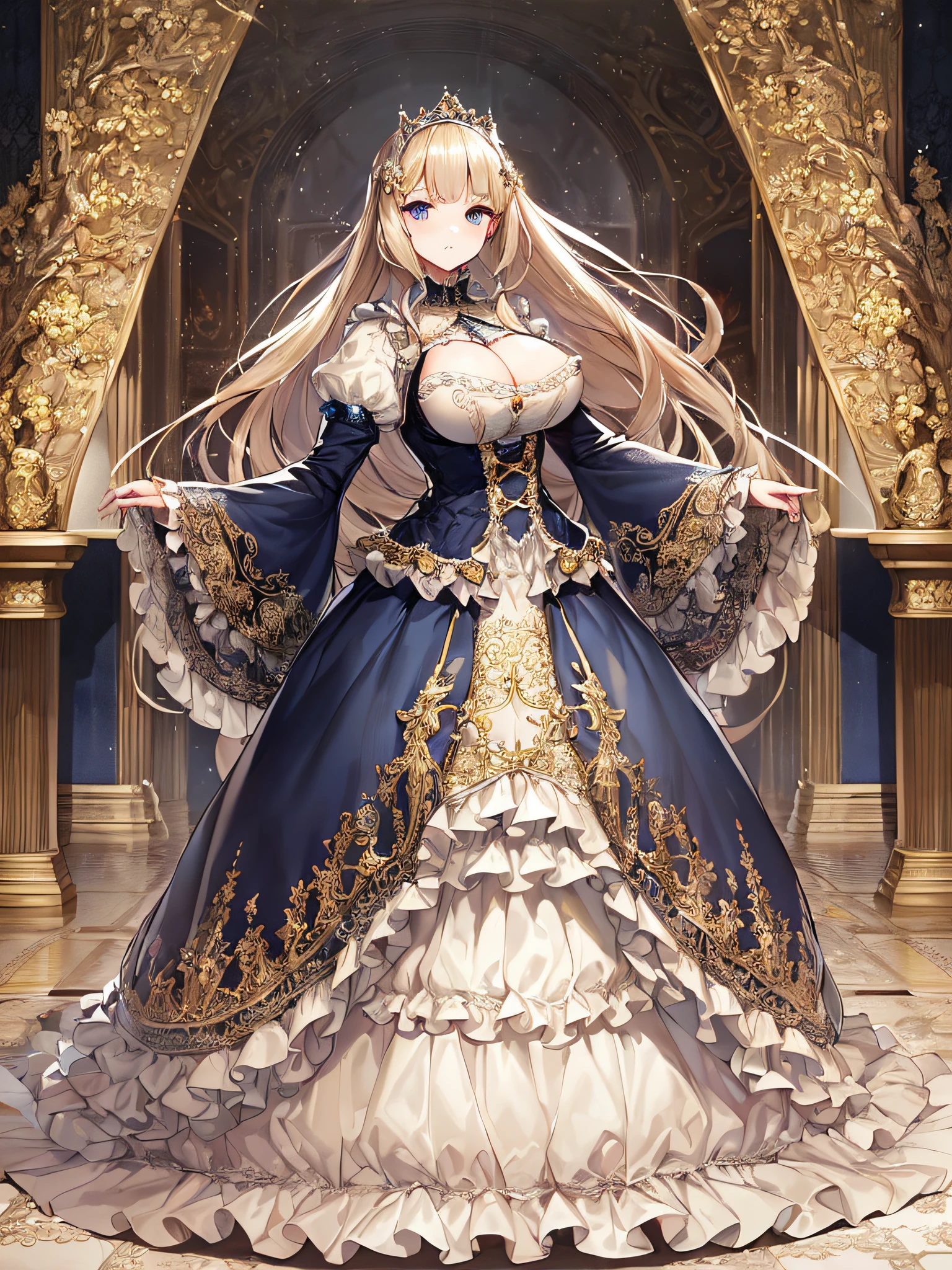 ((anime artstyle)),(Masterpiece),(Best Quality), (Super Detail),((Very Delicate and Beautiful)),((Solo)),((full body)),((1 princess in gorgeousfull victorian dress)),many ruffles,detailed face and eyes,jewel-like eyes,((voluminous Very Long Straight Hair)),((gorgeousfull embroidery and lace)),gorgeous corsage,See-through,gorgeousfull hair ornament,gorgeousfull glitter jeweled tiara,ornate ruffles,((gigantic breasts,Long breasts)),skindentation,((full body)),((hoop skirt,crinoline)),standing pose,Dynamic Angle,Looking at viewer,royal victorian palace,(((gorgeous embroidery gorgeousfull victorian dress)),full body