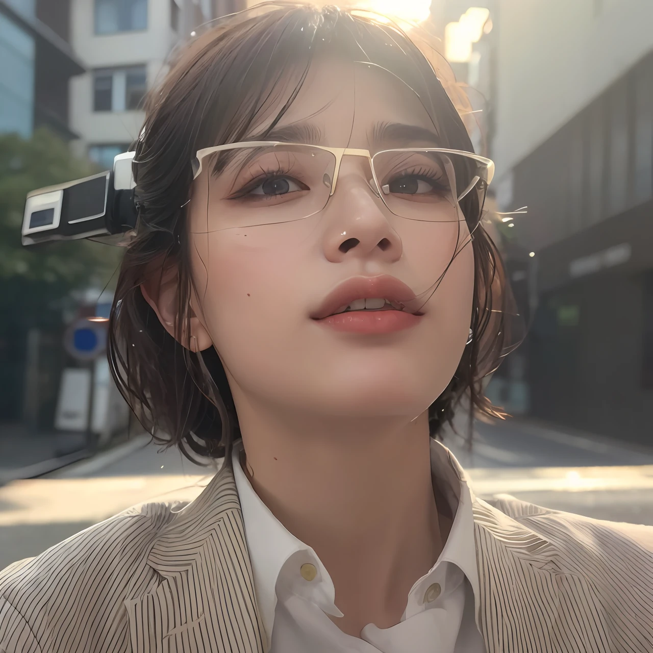 ((Best Quality, 8K, Masterpiece: 1.3)), Sharp: 1.2, Perfect Body Beauty: 1.4, Slim Abs: 1.2, ((Layered Hairstyle, Big Breasts: 1.2)), (Wet White Button Long Shirt: 1.1), (Rain, Street: 1.2), Wet: 1.5, Highly detailed face and skin texture, detailed eyes, double eyelids, side face looking at the camera