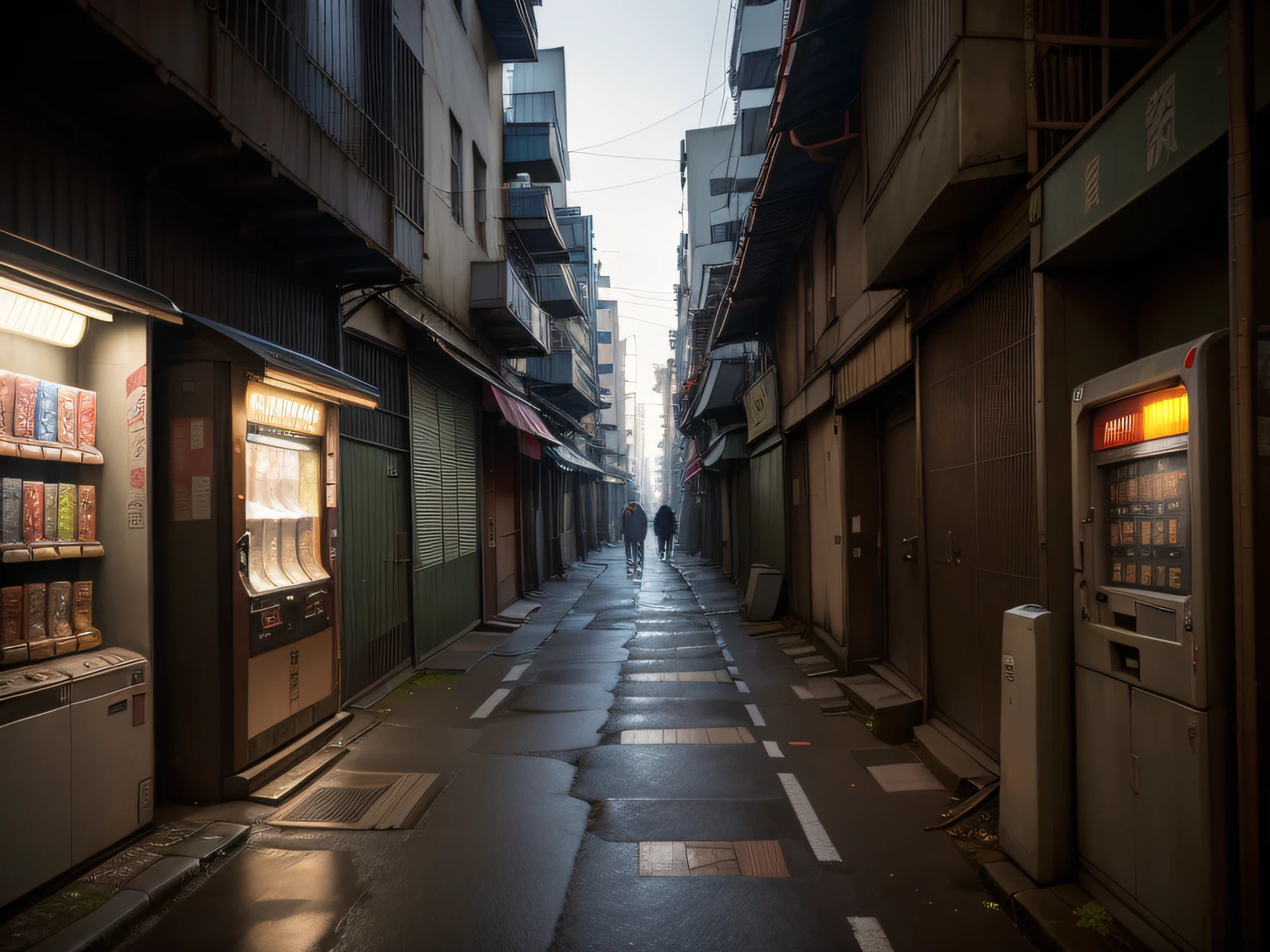 ((No human)),There are narrow alleys with vending machines and vending machines, deserted shinjuku junk, Deserted Shinjuku Junk Town, tokyo alleyway, Dusty abandoned Shinjuku, japanese street, on tokyo street, old japanese street market, In the streets of Tokyo, in narrow tokyo alleyway, in a tokyo street, Back alley, japanese downtown, Empty cityscape