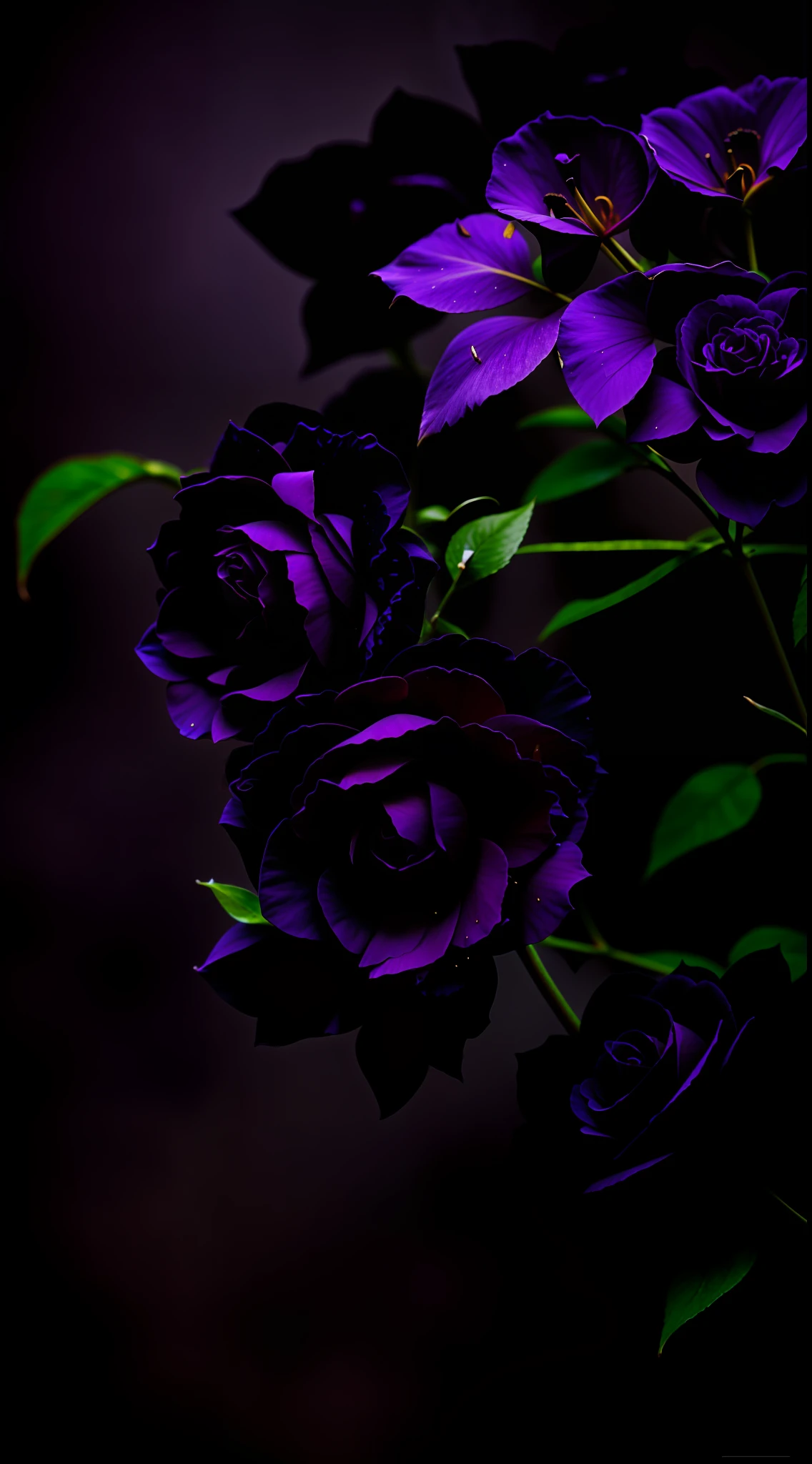 There are two black roses growing on the fence, Black roses, roses in cinematic light, black roses, Black flowers, she is the queen of black roses, dark flowers, Black and purple rose petals, dark and intricate, Dark and moody colors, Black roses in hair, Beautiful and ominous, dark vibrant colors, beautiful deep colors, Black peony