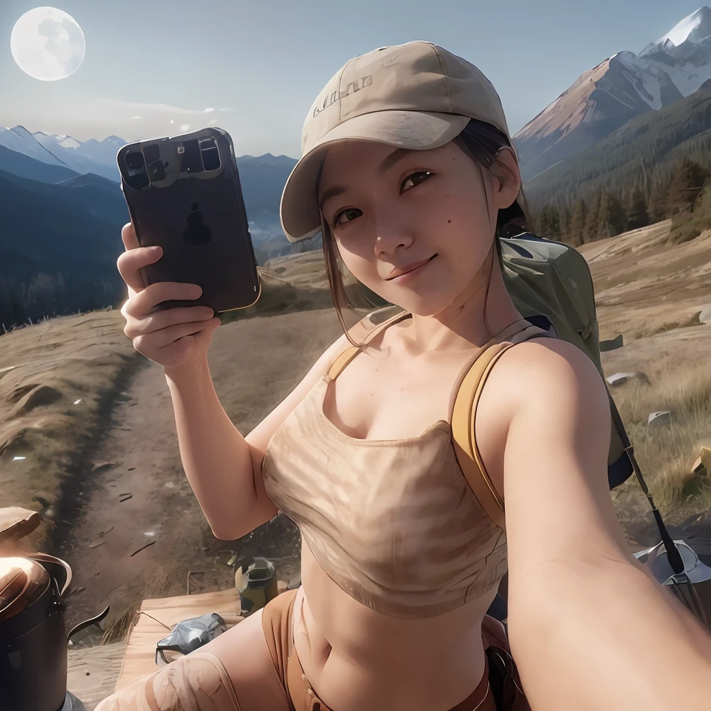 1 woman((upper body selfie, happy)), masterpiece, best quality, ultra-detailed, solo, outdoors, (night), mountains, nature, (stars, moon) cheerful, happy, backpack, sleeping bag, camping stove, water bottle, mountain boots, gloves, sweater, hat, flashlight, forest, rocks, river, wood, smoke, shadows, contrast, clear sky, analog style (look at viewer:1.2) (skin texture) (film grain:1.3), (warm hue, warm tone) :1.2), close up, cinematic light, sidelighting, ultra high res, best shadow, RAW, upper body, wearing pullover
