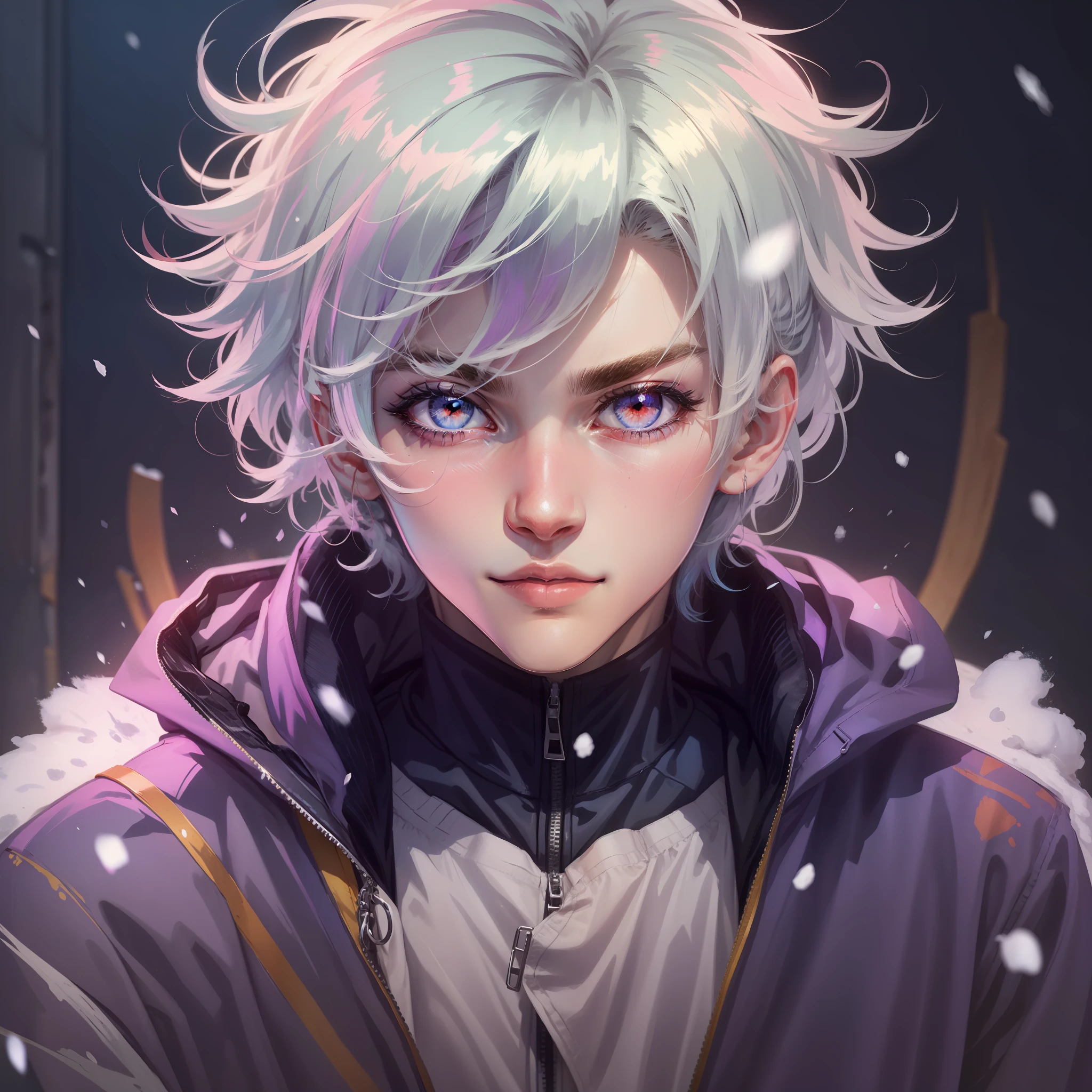 0.7>,anime boy,snow,(Male),jacket,diamond,multicolored hair, multicolored eyes