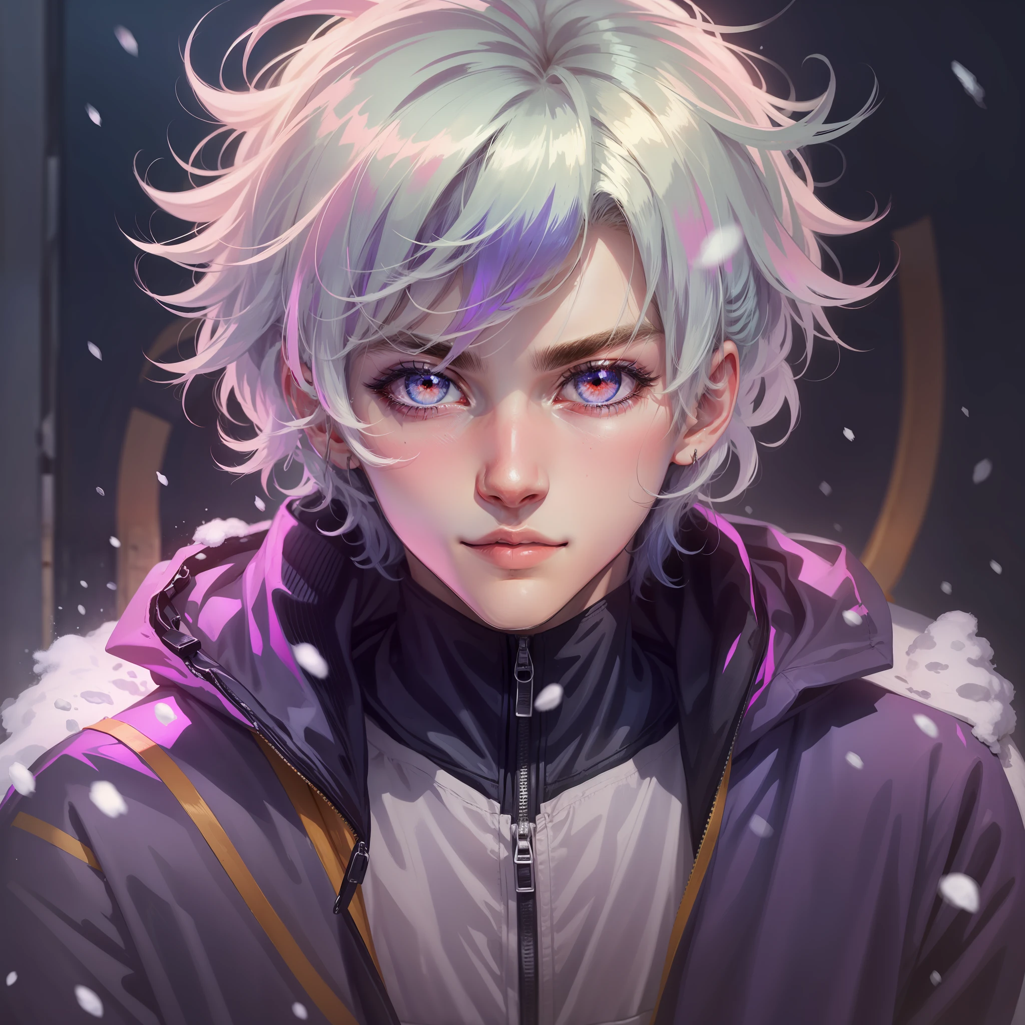 0.7>,anime boy,snow,(Male),jacket,diamond,multicolored hair, multicolored eyes