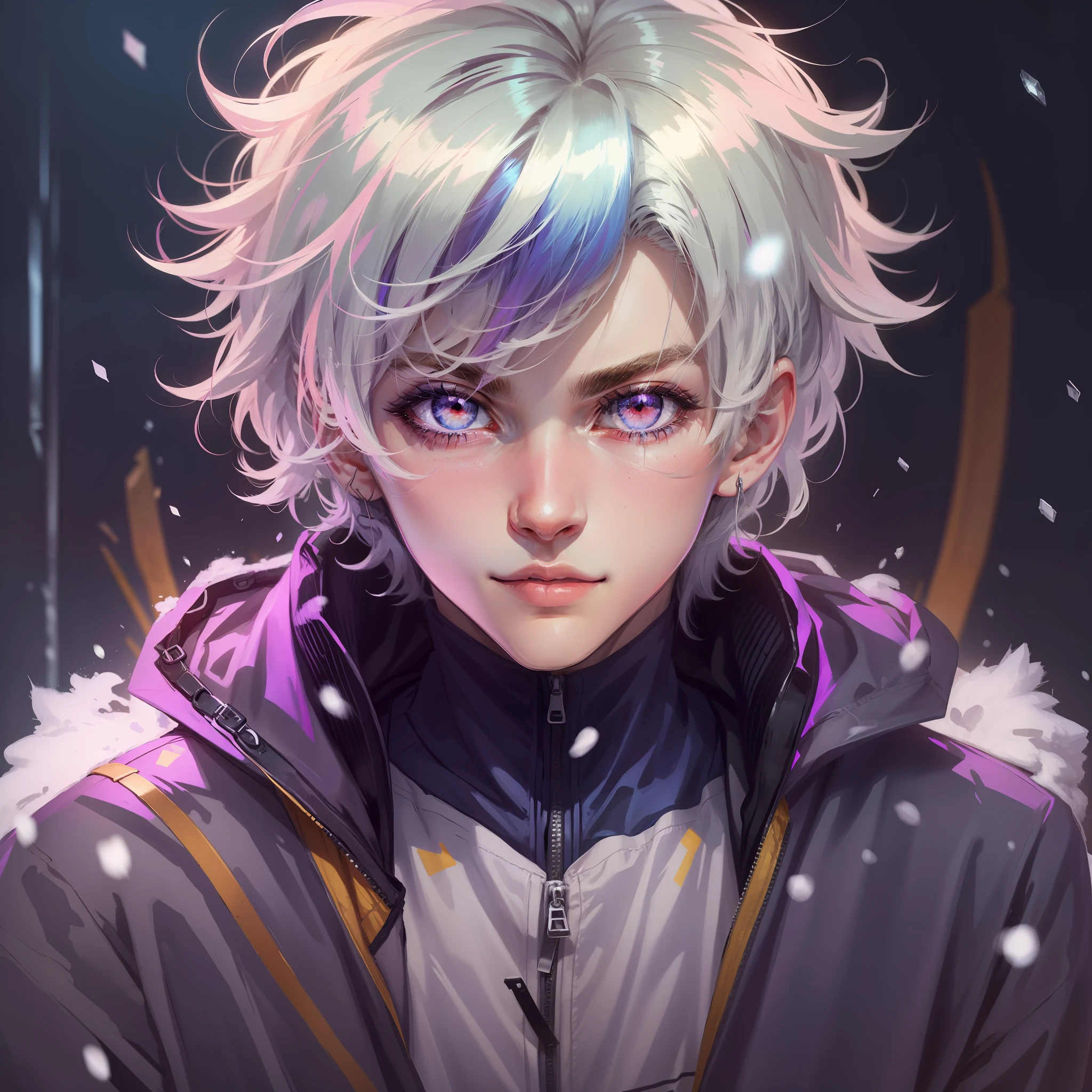 0.7>,anime boy,snow,(Male),jacket,diamond,multicolored hair, multicolored eyes
