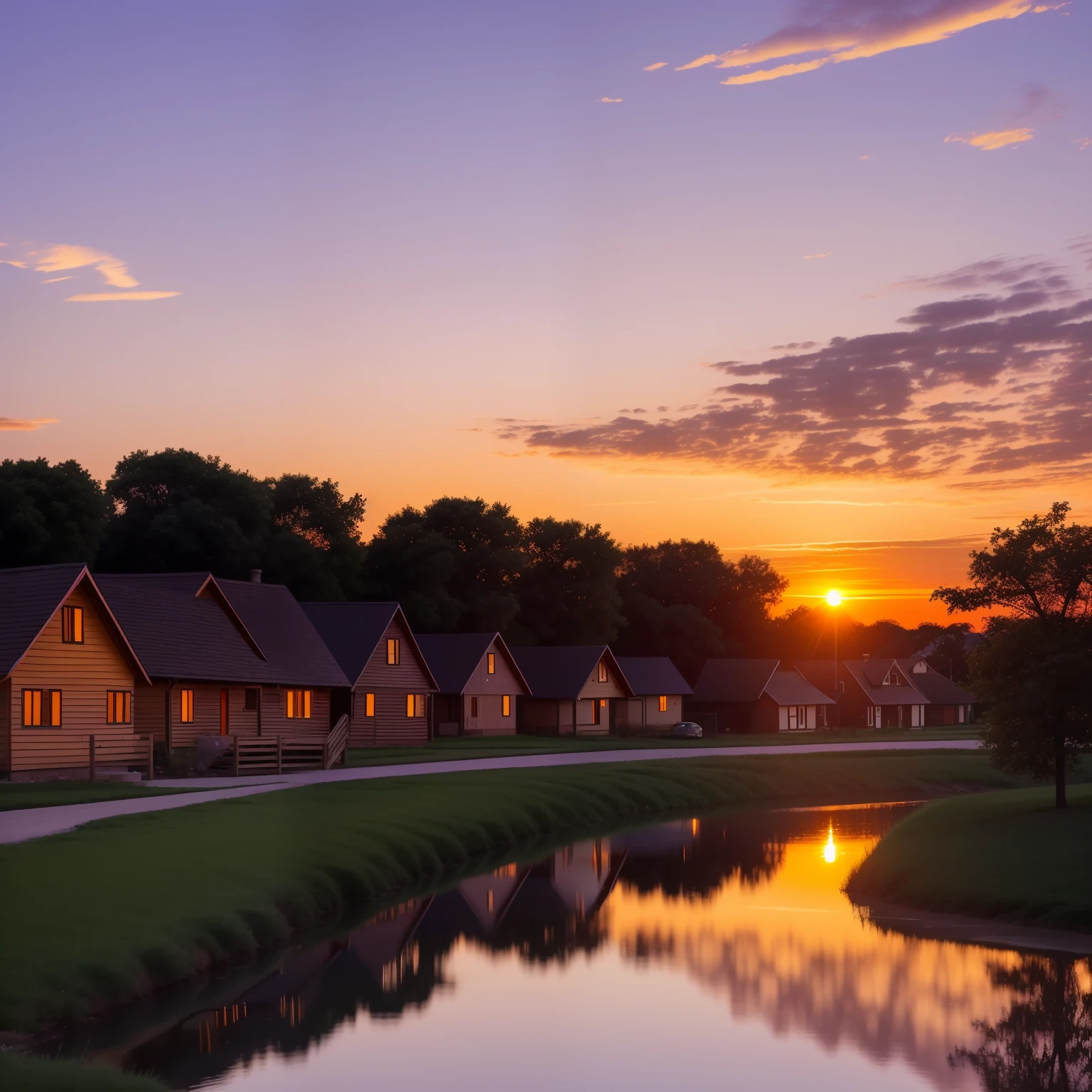 I watch as the glowing orange sun sinks towards the horizon, casting its warm rays over the fledgling village of Reed. As dusk approaches on this summer evening, the winding dirt roads and small wooden buildings of the village are bathed in a soft golden light. I gather with a handful of other settlers in the small town square, weary but filled with hope after our long journey and first night in our new home.
We look to the spectacular sunset, taking in the breathtaking panoramic view of the open prairie surrounding us. The sky is ablaze with vibrant pinks, oranges, and red hues that stretch as far as my eye can see. Light wispy clouds are dotted across the horizon, highlighted in purple and blue tones as the sun continues its descent.
The glowing orange orb changes to a deep crimson, as its bottom edge kisses the flat landscape signaling the coming night. The vivid colors start to fade into soft yellows and darker blues, creating a gradient of colors across the dimming sky. The sunset reflects off the small pond at the edge of town, making its still waters sparkle.