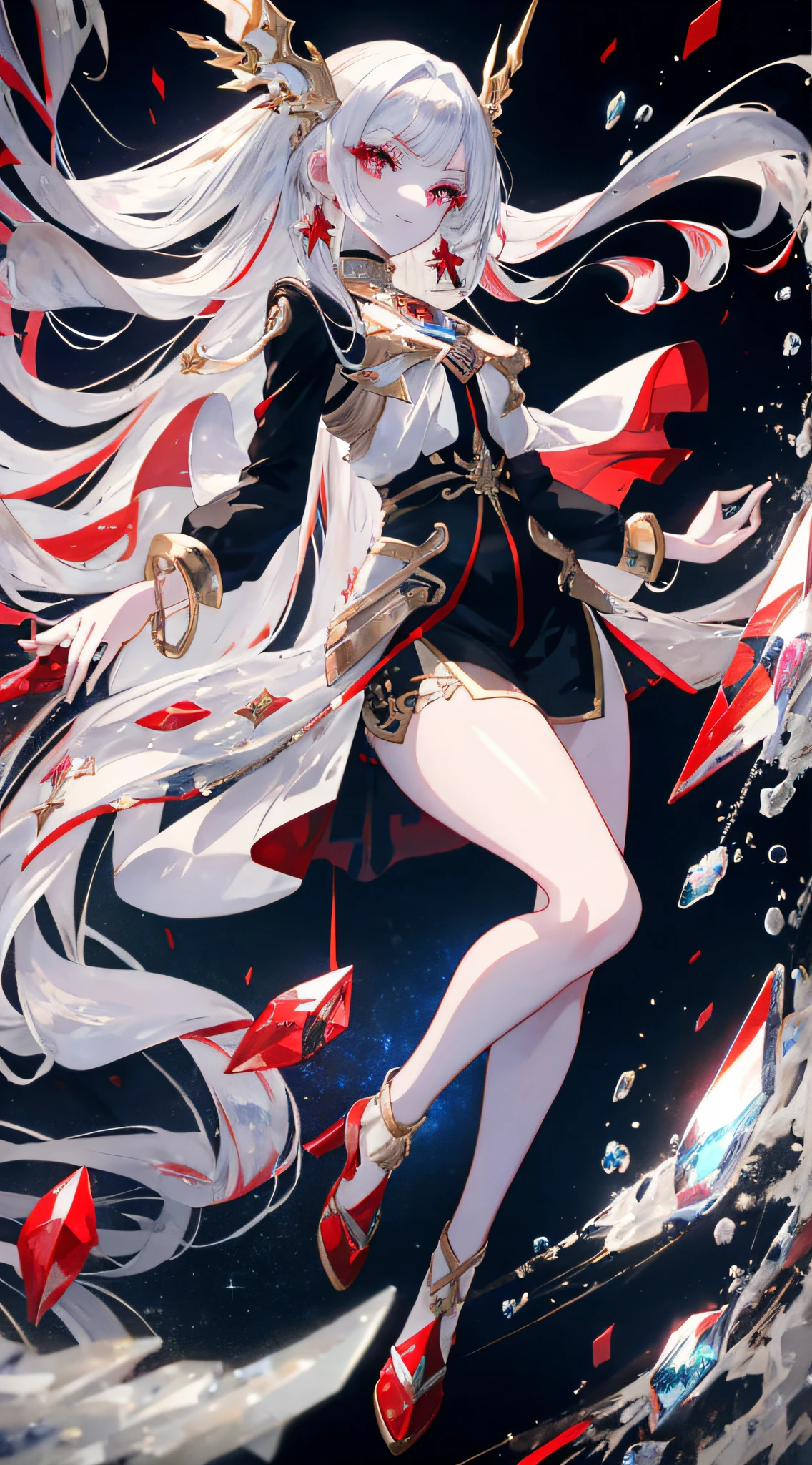 (simple hands:0.5)+(detailed hands:0.7), (masterwork), (best quality), white hair, red eyes,1girl, pale skin, white hair, red eyes, two tone hair, eyelashes, bracelet, jewelry, smile, gleaming skin, shiny hair, detailed and majestic stage, Fantasy, Long Hair, 1 girl, two-tone hair, night sky, Incredibly detailed CG illustration masterpiece, looking at you, anime, beautiful anime eyes, beautiful detailed eyes, eyes, glittering eyes, red eyes, galaxy, nebula, (full body), (curvy),