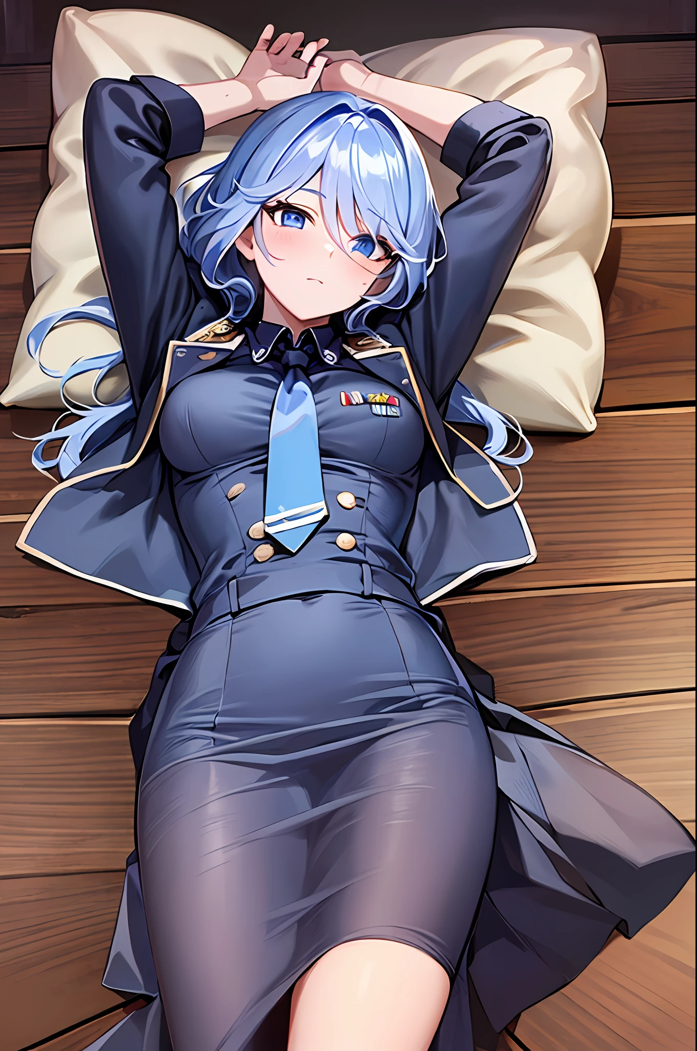 1focalors, blue eyes, black shirt, blue sea hair, red necktie, lying, on back, bed, arms up, military uniform, small breasts, pencil skirt, masterpiece, highres, best quality