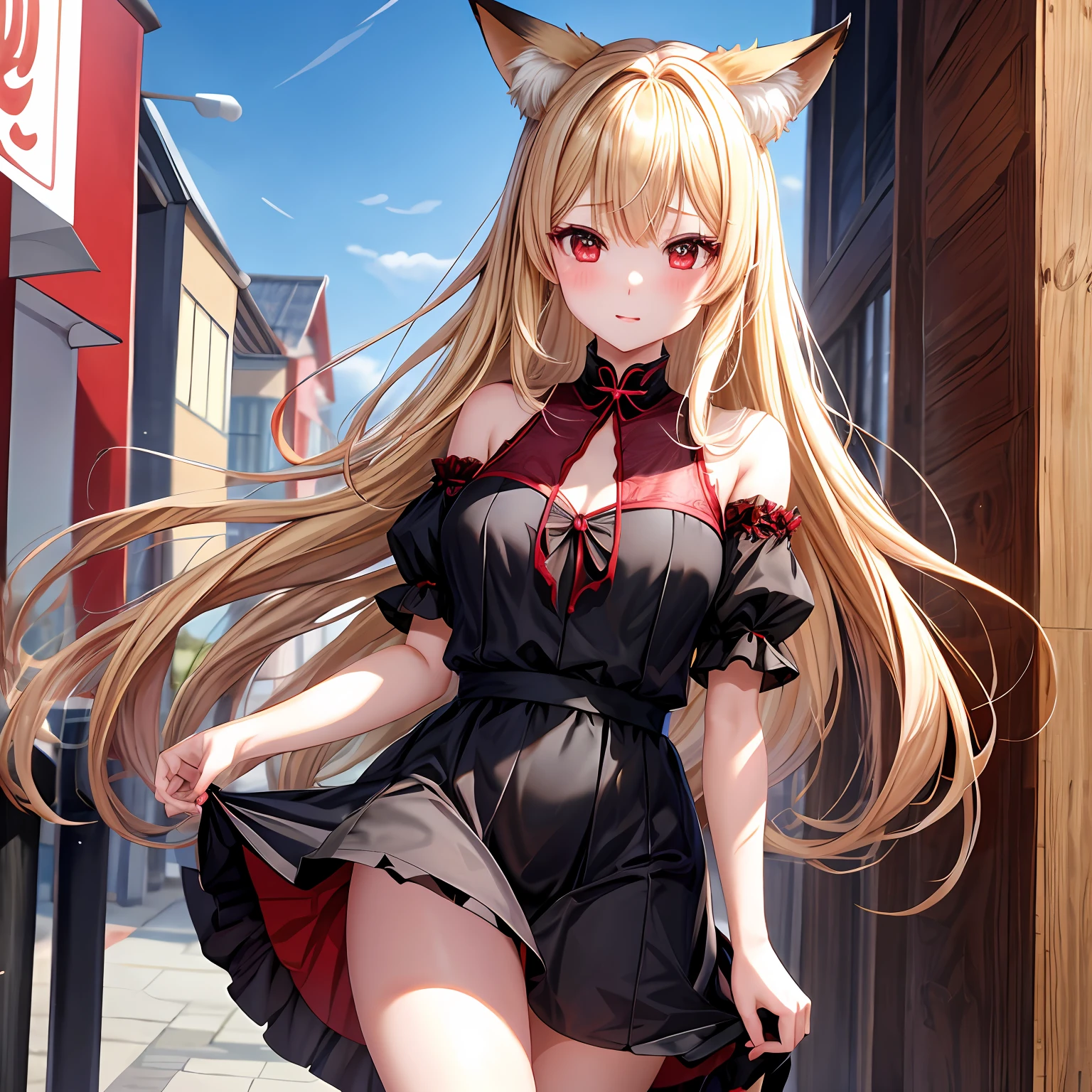 a blond、red eyes、One pretty girl、独奏、animesque、Black dress、red blush、Fox