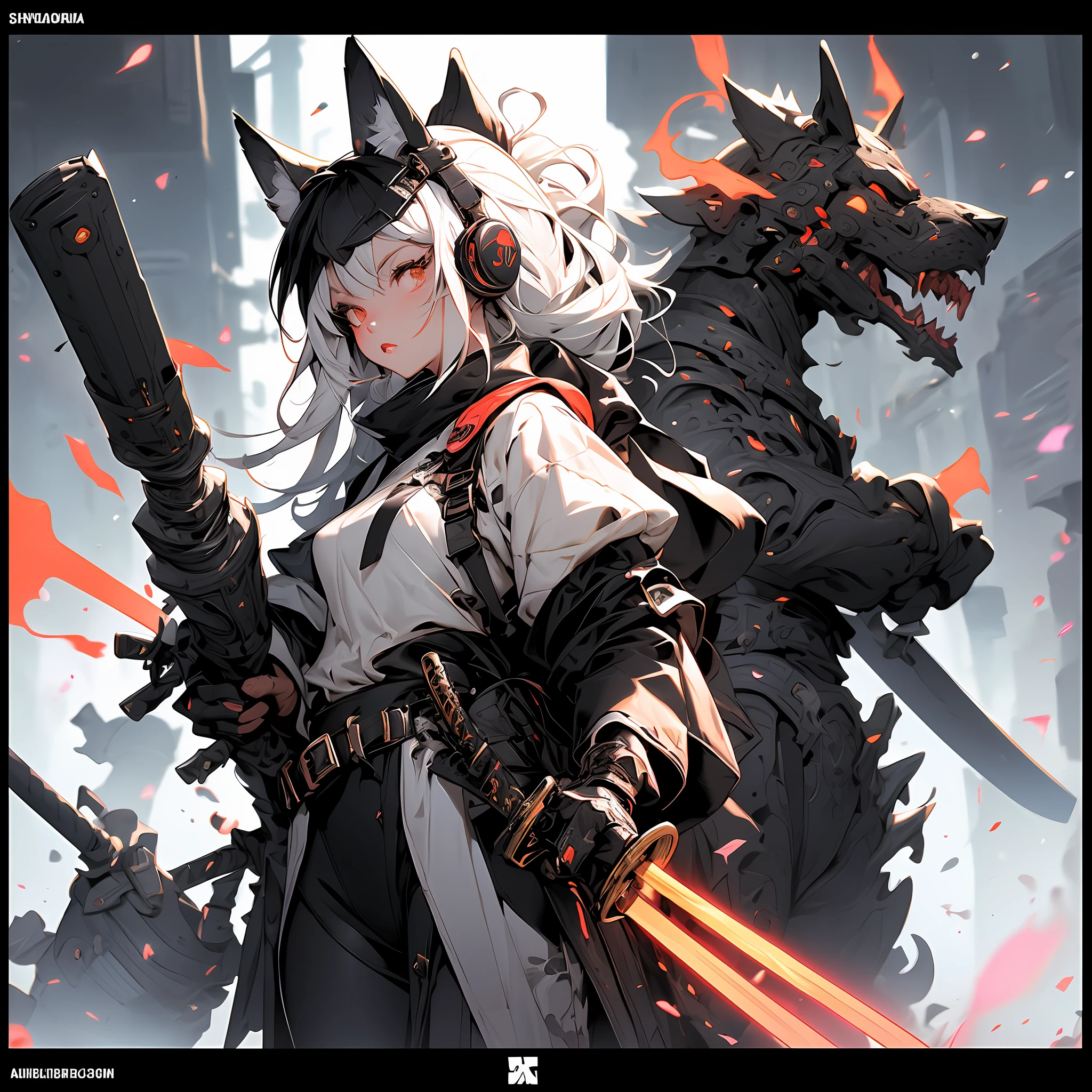 (costume setup materials),Create an AI illustration of a young girl with absurdly long hair, hime cut, white and black hair, two-tone hair, beautiful detailed hair, black eyes,cat_year headphones. She resembles a samurai, holding a magazine while standing on a battlefield. She wears armor, yet pairs it with a miniskirt,black platform shoes showcasing her unique style. Please generate the illustration in the highest quality possible.