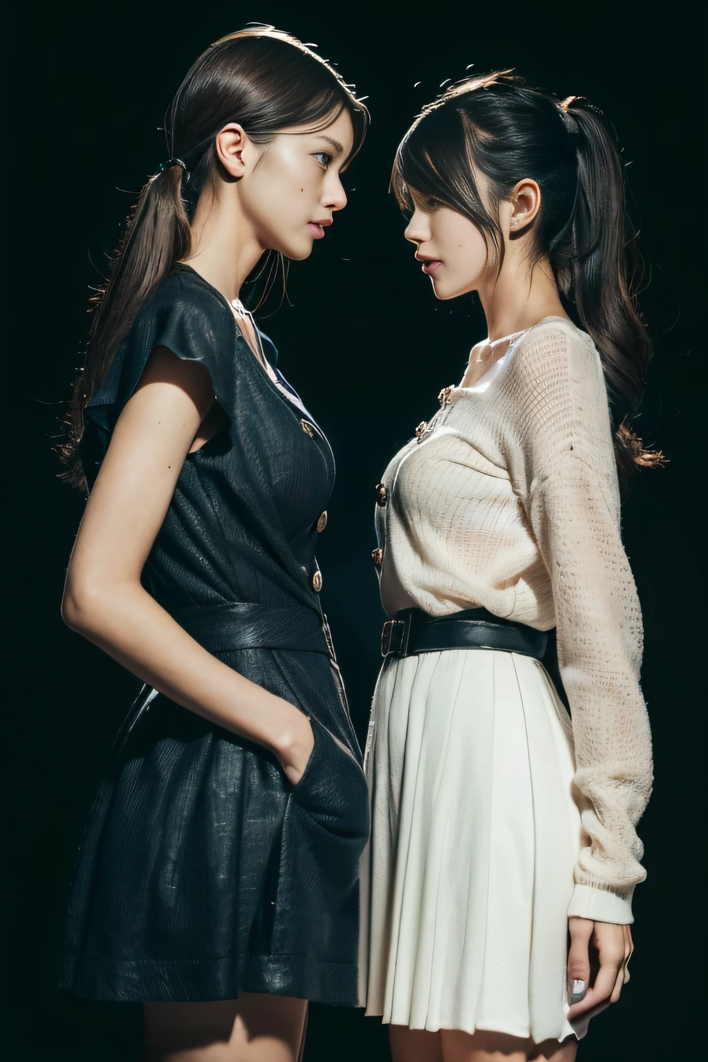(Extremely high quality), (Master parts), (photo RAW), Herren, is very beautiful, highly detailed CG, 8k wallpaper, amazing fine details, offcial art, hugefilesize, high resolution, darkly, ambiance, mistic, romanticism lain, horrid, literature, Artistically, Moda, ellegance, (((perfect anatomical depiction of the human body))), Two junior high school girls alternately stand up straight, One is forward-facing, The other person next to him was looking at the other person intently,Only his neck turned to the side, a 18 year old girl, One with blonde blue eyes and partially woven long hair,
One is a Japanese brunette with two tails, Perfect and Beautiful Face, (Open your breasts), (Lagos drill bits), ((Super big)), (big breasts thin waist), (Oversized buttocks), (thighs thin), (Brightens skin), Baby face, (White color blouse,Thin plain fabric,With straps), ((blouse breasts are very cramped)), (Ultra-mini pleated skirt), (White underwear), ( clothes missing), (All buttons are fastened,Dress neatly), Shoot from a variety of angles, midynight, dark underground chamber, No windows, Dust dance, ((Too dark)), (Too dark to be almost invisible), Blue dim backlight, New Gentie, Low-exposure photography, with black background