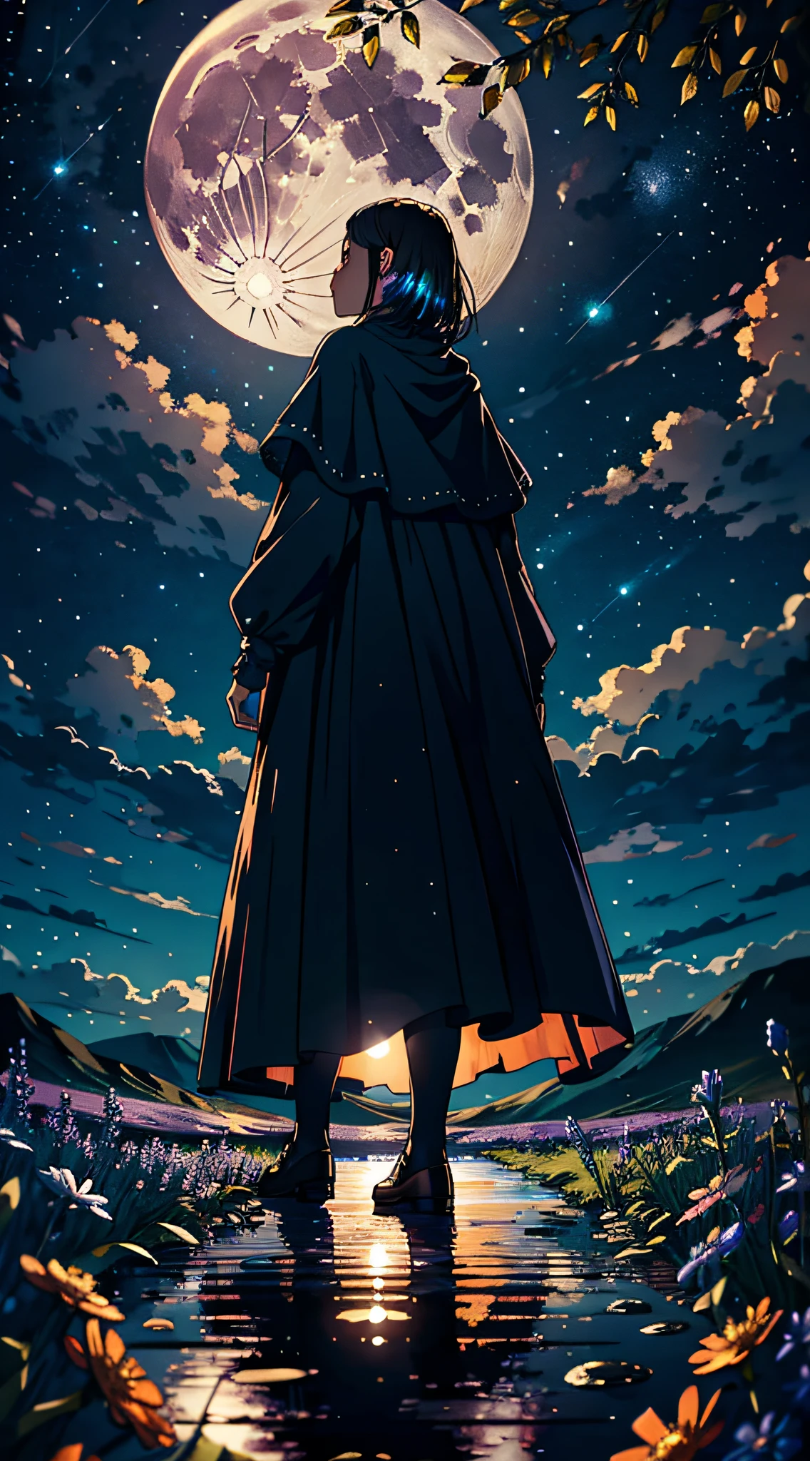 Expansive landscape photograph, (view from below with a view of the sky and the wilderness below), little girl standing in a flower field looking up, (full moon: 1.2), (shooting star: 0.9), (nebula: 1.3), distant mountain, tree break production art, (warm light source: 1.2), (firefly: 1.2), lamp, purple and orange, intricate detail, volume lighting BREAK (masterpiece: 1.2), (highest quality ), 4k, ultra-detailed, (dynamic configuration: 1.4), highly detailed and colorful details (iridescent: 1.2), (sparkling lighting, atmospheric lighting), dreamy, magical, (solo: 1.2)