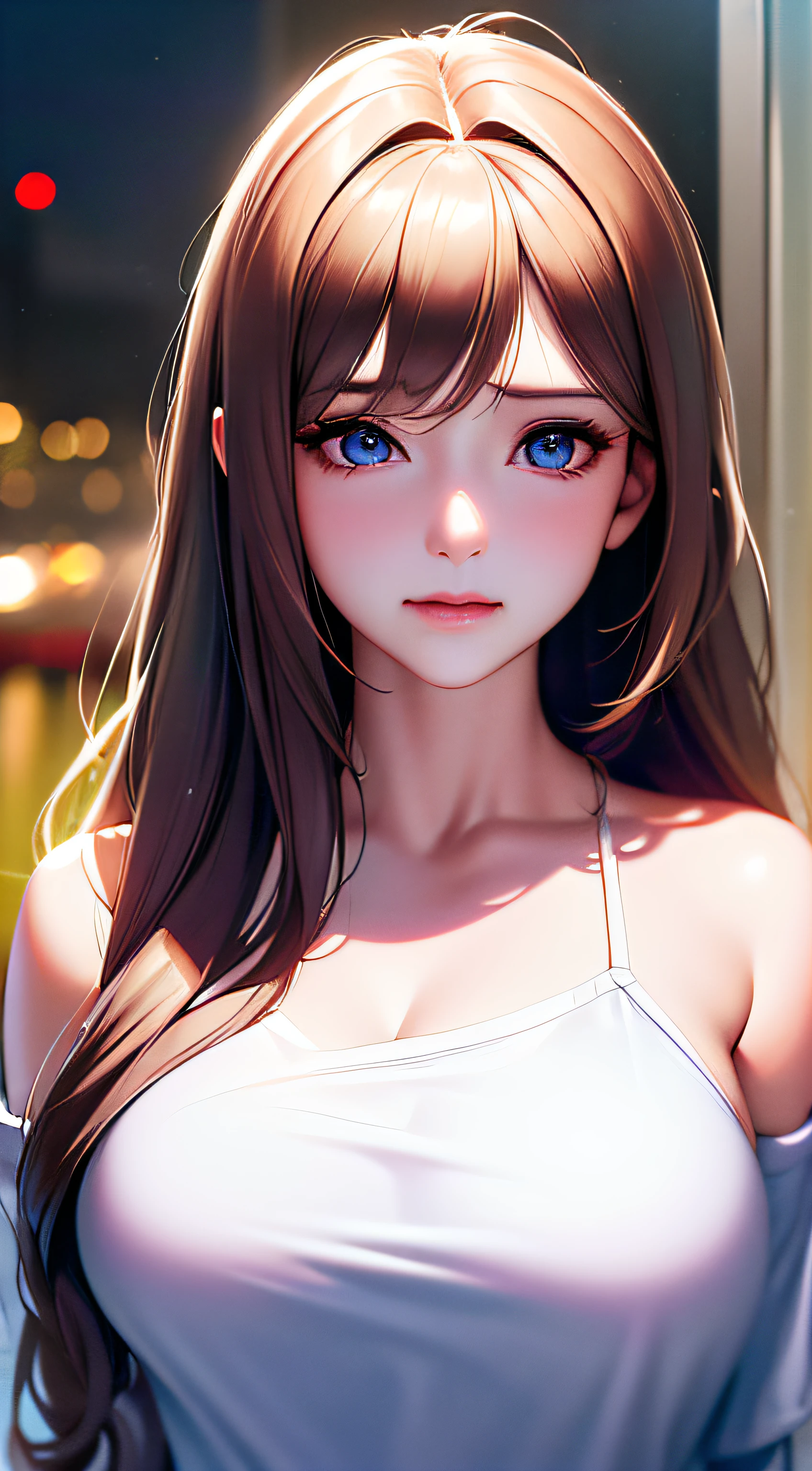 (photorealistic:1.4), (masterpiece, side dim light, finely detailed beautiful eyes: 1.2), masterpiece*portrait, realistic, 3d face, Stelle \(honkai star rail\), 1girl, white oversize T-shirt, bare shoulder, universe, rail, bangs, blush, shy, lustful eyes, medium long hair, looking at viewer, gasp, medium breasts