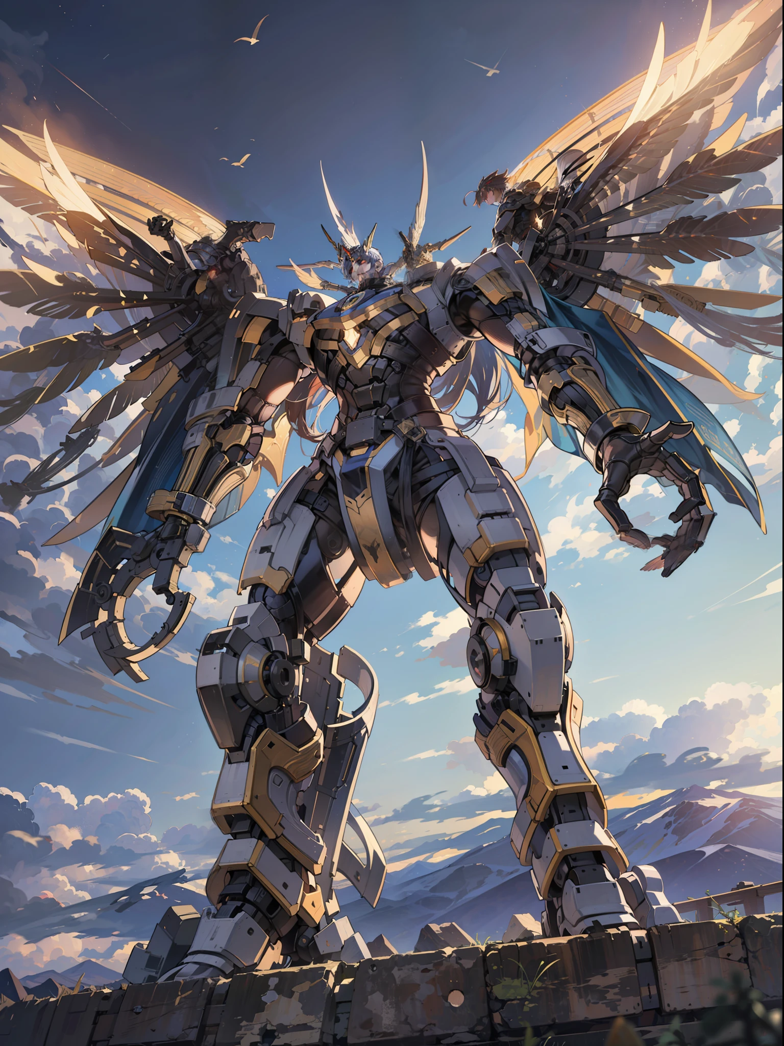 (masterpiece, top quality: 1.3), highly detailed, complex, 8k, HDR, wallpaper, movie lighting, shining, armor, shining eyes, mech, realistic, mech, big wings, holding the sky, flight, weapon,