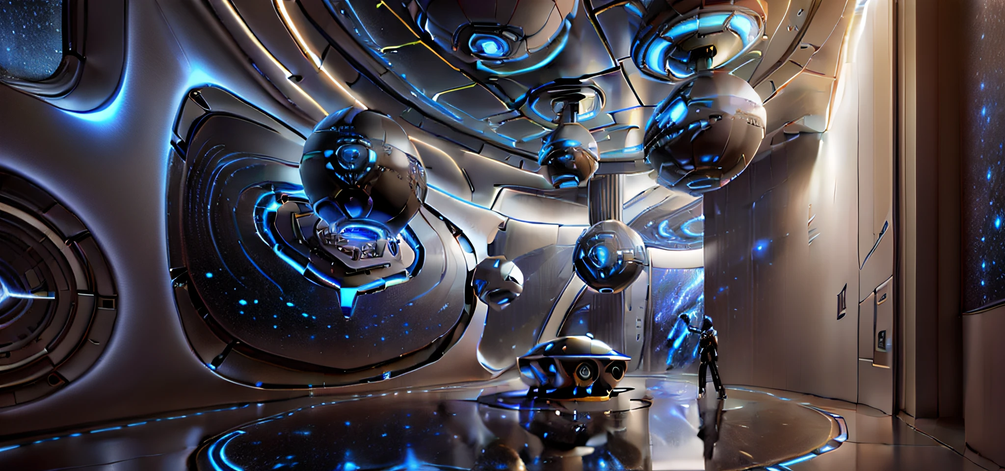Interior of the building space,Cosmic science fiction style,Select Silver、Blue and black as the main colors should have the feeling of a vast universe。It can be decorated with a small amount of bright or fluorescent colors,