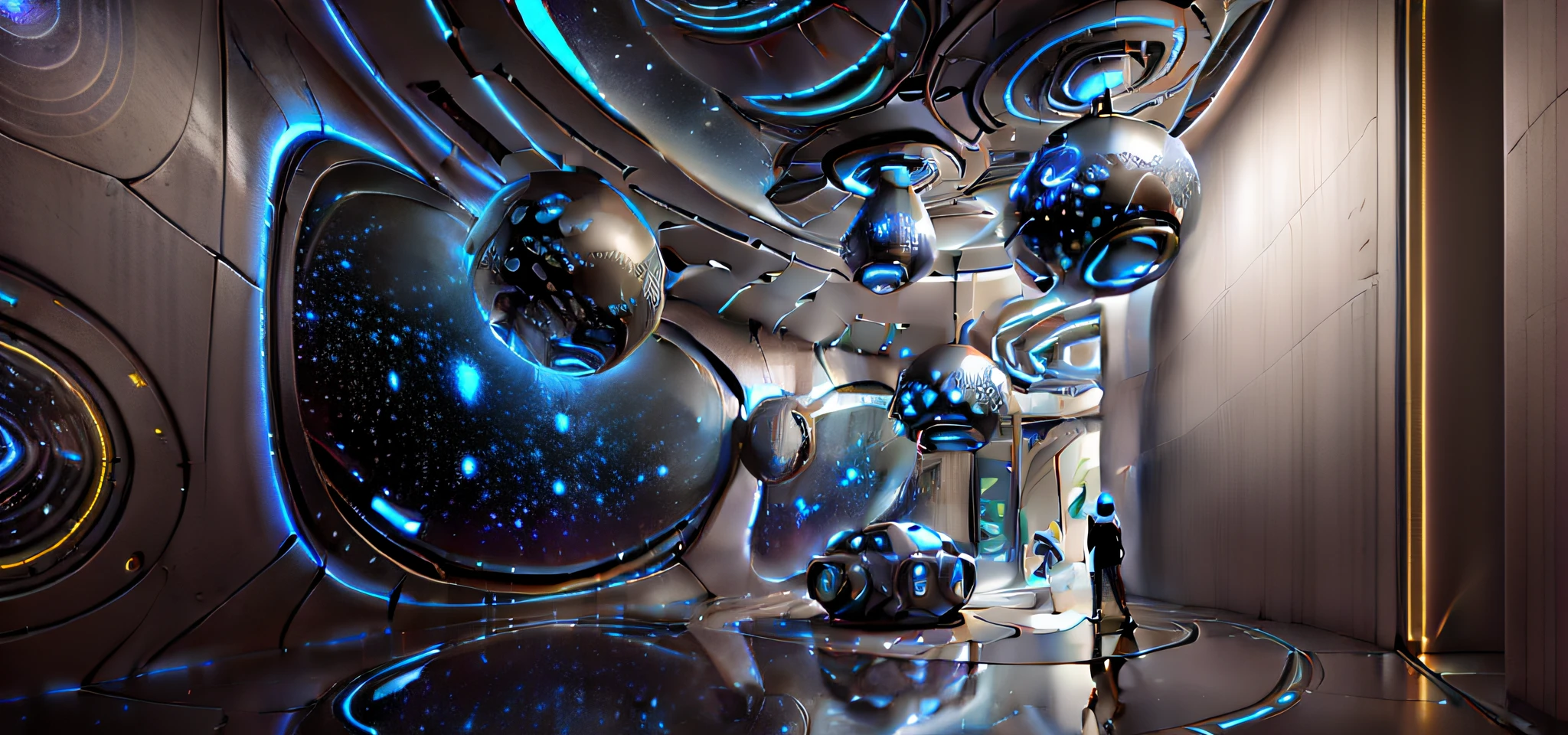 Interior of the building space,Cosmic science fiction style,Select Silver、Blue and black as the main colors should have the feeling of a vast universe。It can be decorated with a small amount of bright or fluorescent colors,