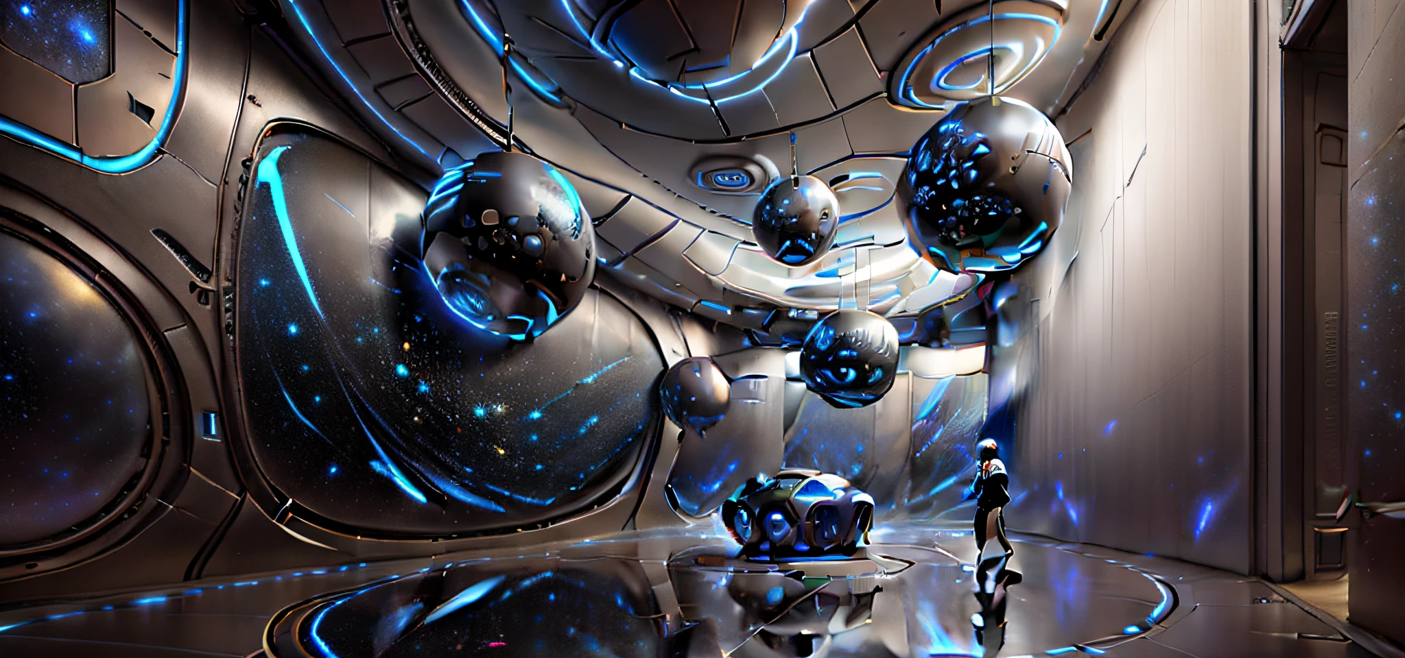 Interior of the building space,Cosmic science fiction style,Select Silver、Blue and black as the main colors should have the feeling of a vast universe。It can be decorated with a small amount of bright or fluorescent colors,