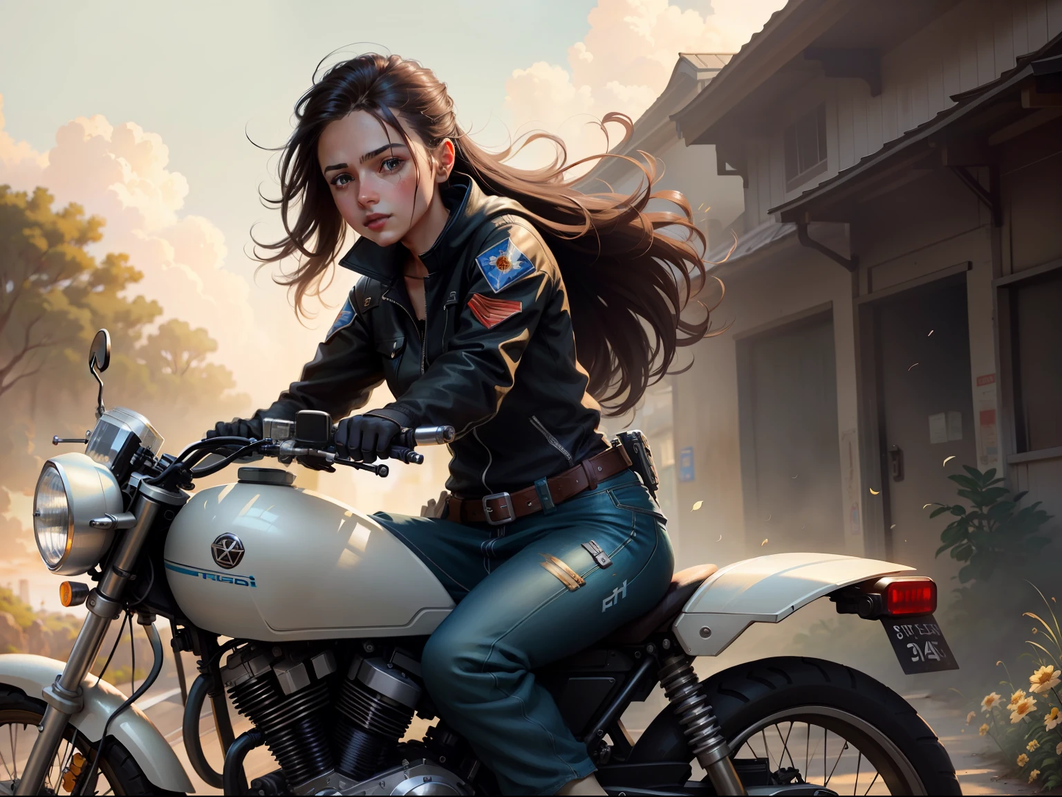 Arafeld girl riding motorcycle on road with flowers, wojtek fus, Guviz-style artwork, Realistic art style, author:Rudy Siswantto, Beautiful digital artwork, super realistic painting style, Photorealistic art style, lovely digital painting, Realistic digital art 4K, Realistic digital art 4 K, norman rockwell ross tran, Ross Tran 8 K