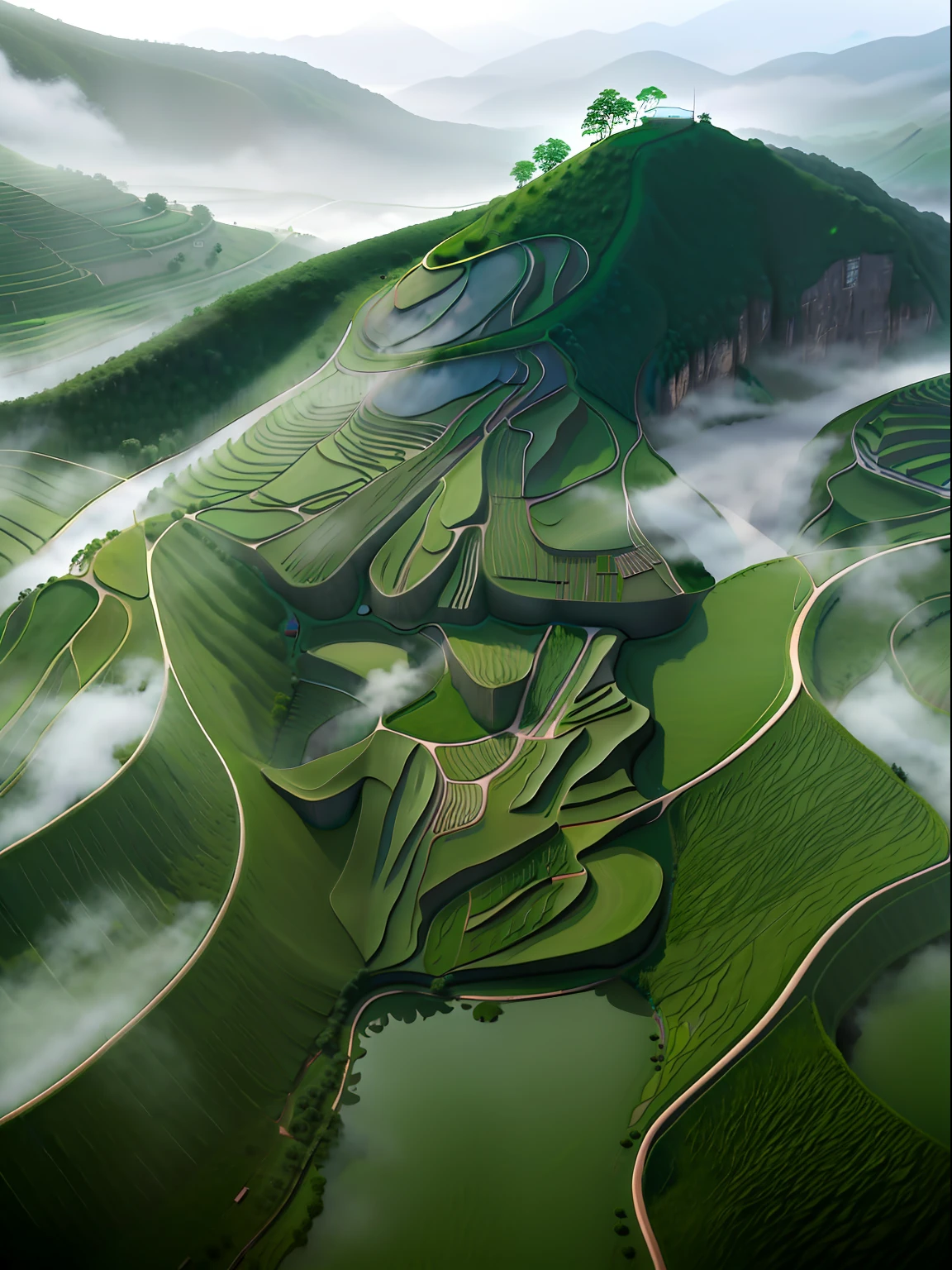 Large expanses of terraced fields, mountains, huts, with rice fields, rice fields, neat rice seedlings in the fields, misty rain, villages, agriculture, in the tranquil landscape, misty weather, in the vast tranquil landscape, in the early morning, in the morning mist, behind a small village, mist, Japanese countryside, thatched roofs --v 6