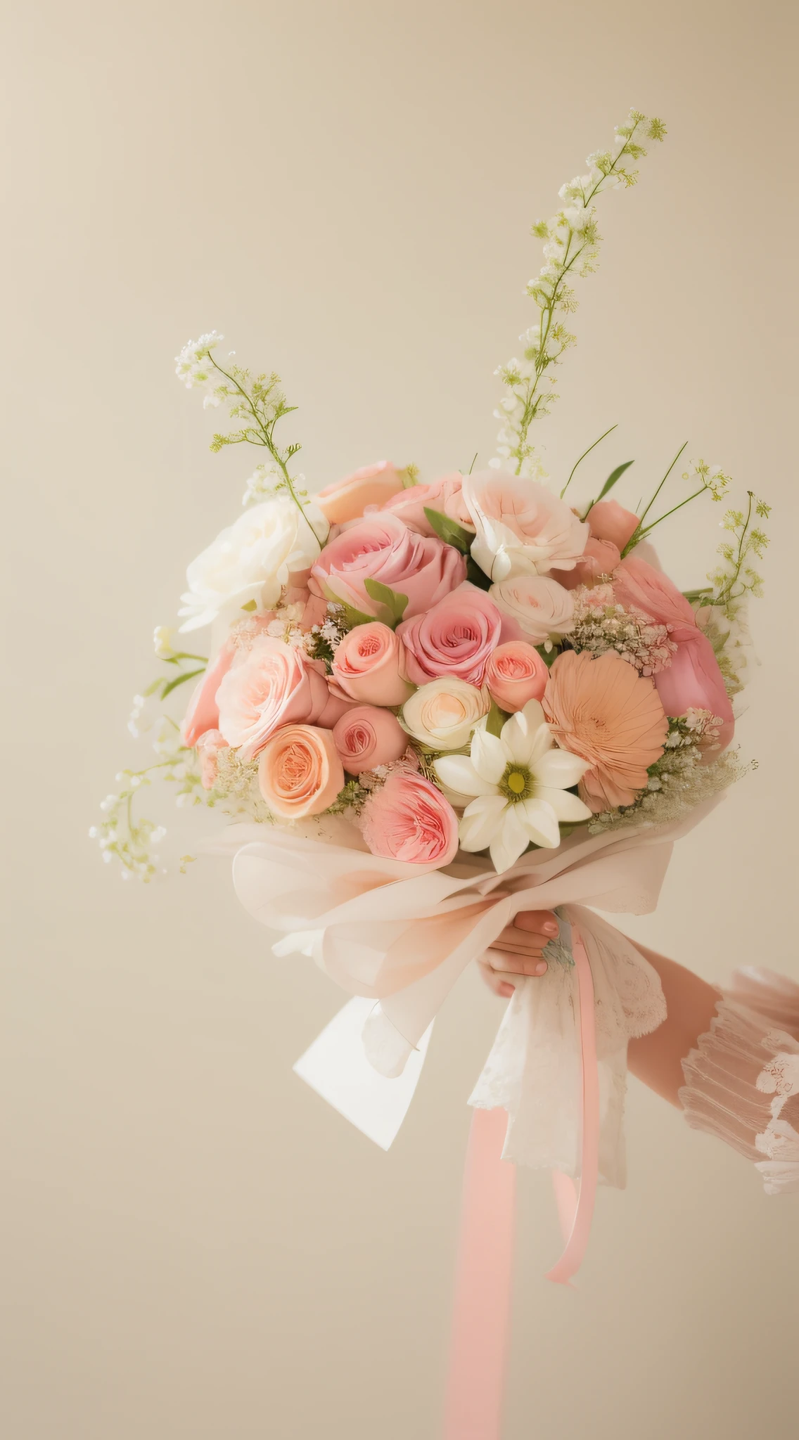 Having a bouquet,A ribbon is tied to it, Bouquet, flower bouquet, floating bouquets, pastel', pastel roses, white and pink, elegant flowers, nebulous bouquets, natural point rose', Pink flowers, soft flowers, Gypsophila, Lovely, Holding flowers, 🌸 🌼 💮, pink pastels, in pastel shades, jasmine