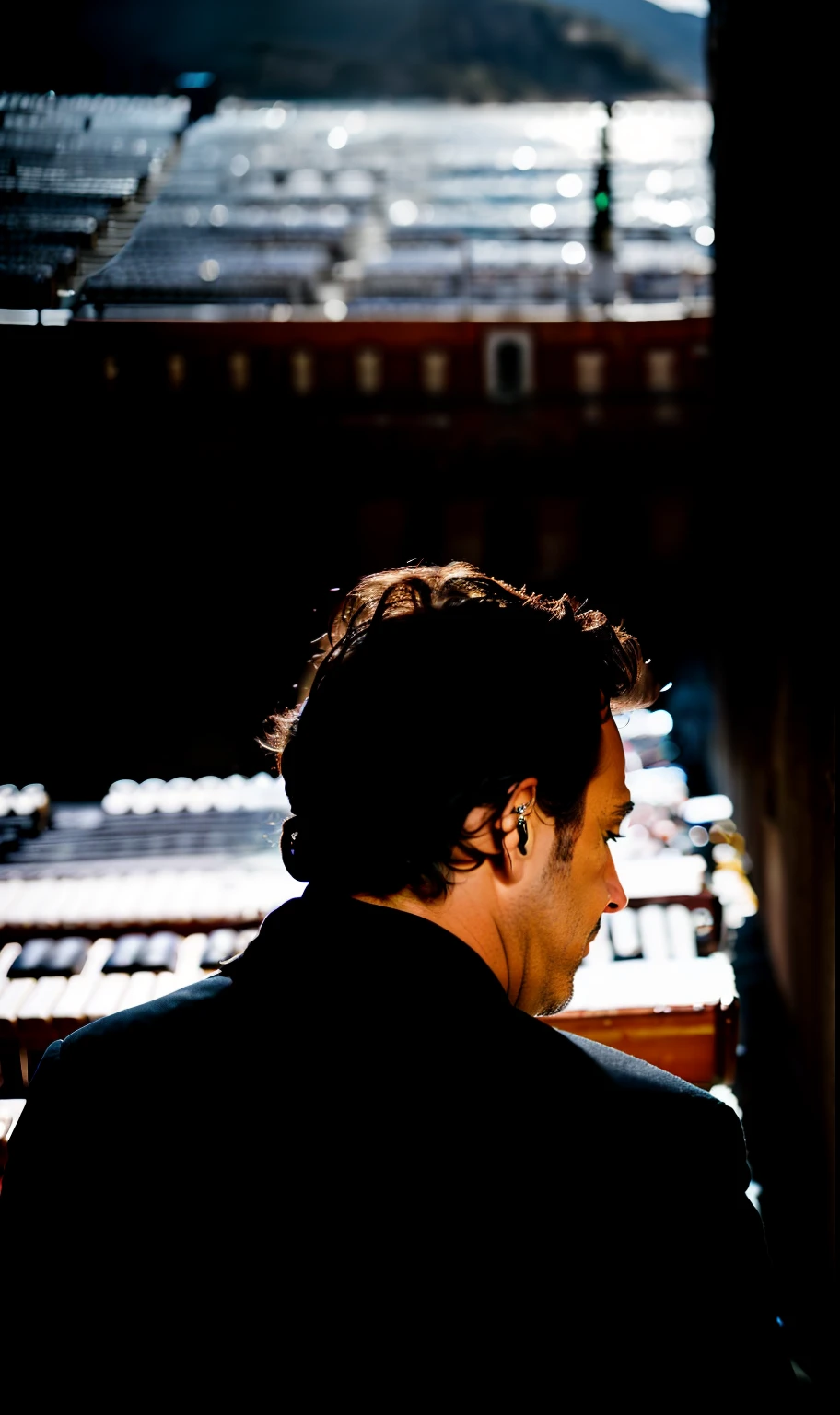 MUSICIAN AND COMPOSER BRUCE SPRINGSTEEN, PLAYING IN A ROMAN STYLE THEATRE,WITH HIS WORN YELLOW GUITAR,DETAILED VIEW AND CLOSEUP,HYPERRALISM,8K,,Black and white photo of a 42-year-old man dressed in black, calvo, cara, medio cuerpo, cuerpo, piel muy detallada, poros de la piel, coastline, clima nublado, viento, olas, 8k uhd, dslr, dim lighting, alta calidad, movie grain, Fujifilm XT3