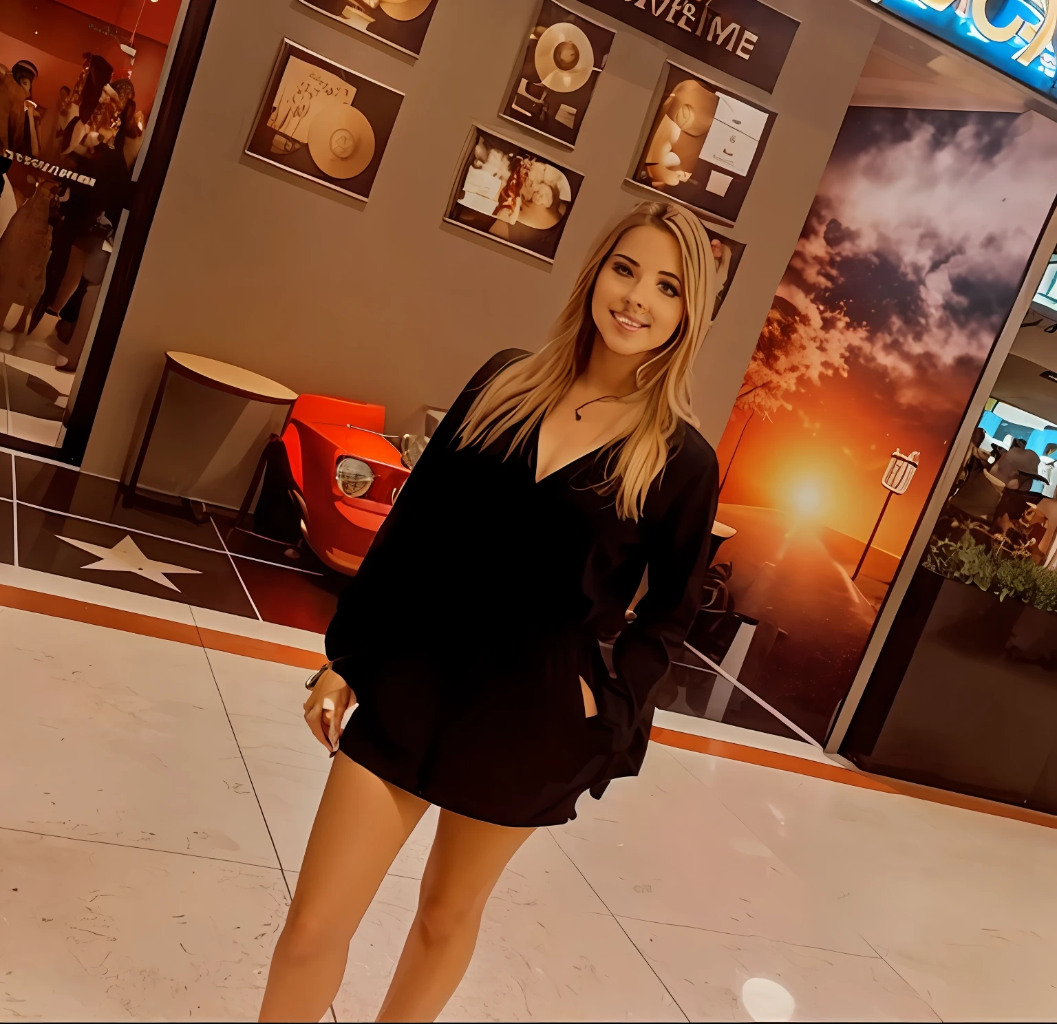 There's a woman standing in a mall with a red car., aparecer em um shopping center, em um shopping, em um shopping, taken in the early 2020s,