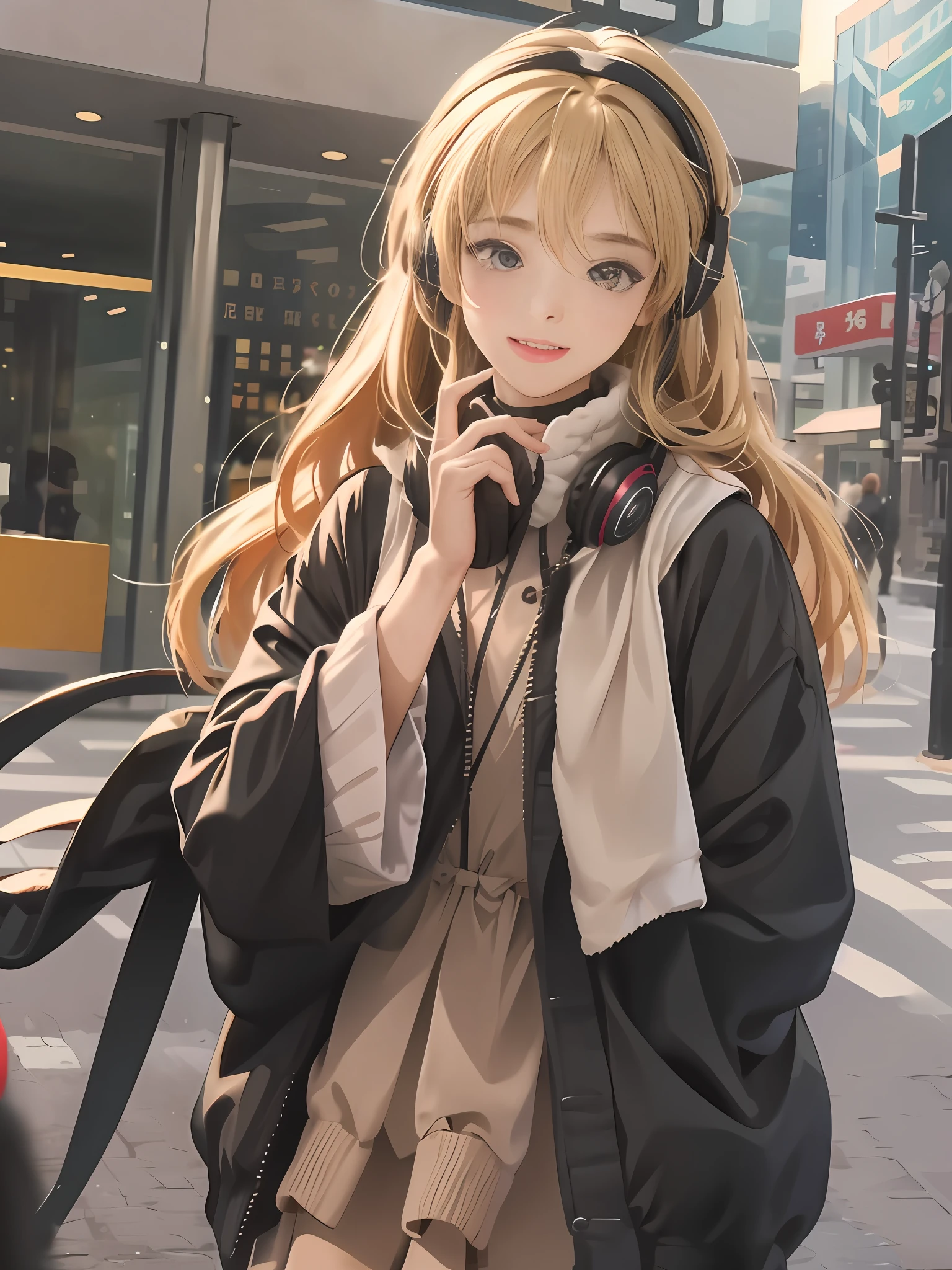 Anime girl walking down the street wearing headphones, Cute anime girl, attractive anime girls, Blonde anime girl with long hair, Anime girl with long hair, Anime style. 8K, pretty anime girl, portrait anime girl, Beautiful anime girl, a beautiful anime portrait, up of young anime girl, style of anime4 K, Anime girl with white and tender hands