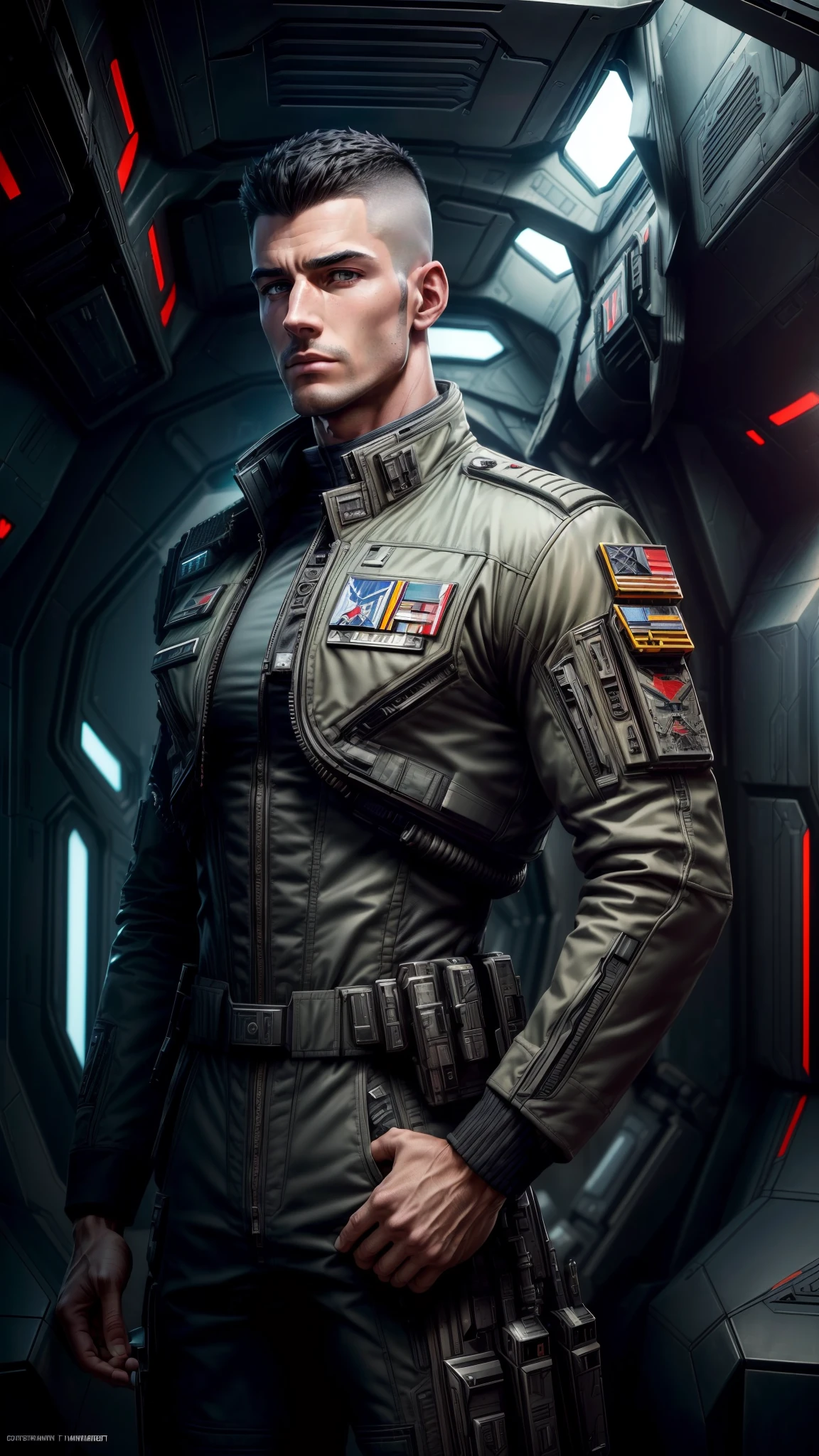 (masterpiece, high definition, 8k, extreme detail, complex scenery), ((full body shot)), sci-fi, futuristic setting, military personnel, spaceship pilot, ((male, masculine, well built)), insulting facial expression, proud but relaxed, handsome, black buzzcut hair, well built, grey uniform with red accents, pilot jacket with two medal pins on it