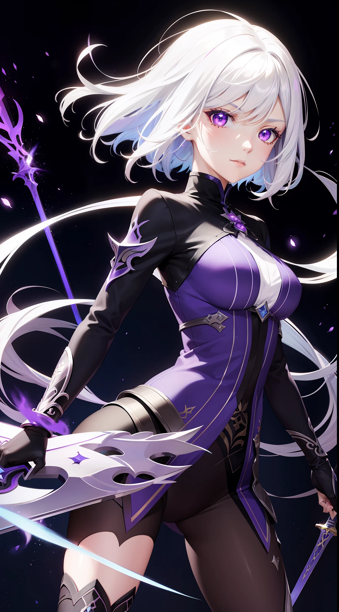 Colorful, 1 girl, White hair, Purple eyes, Sexual, double hilt, sword, hand sword, blue flame, glitters, shiny weapon, Light particles, the wallpaper, color difference,