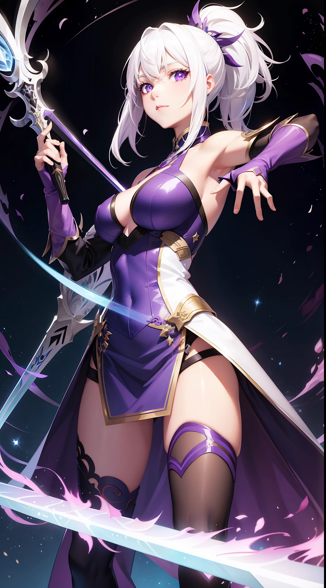 Colorful, 1 girl, White hair, Purple eyes, , double hilt, sword, hand sword, blue flame, glitters, shiny weapon, Light particles, the wallpaper, color difference,