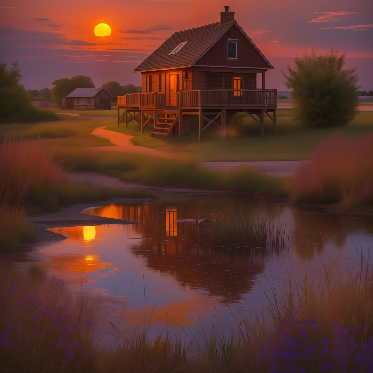 I watch as the glowing orange sun sinks towards the horizon, casting its warm rays over the fledgling village of Reed. As dusk approaches on this summer evening, the winding dirt roads and small wooden buildings of the village are bathed in a soft golden light. I gather with a handful of other settlers in the small town square, weary but filled with hope after our long journey and first night in our new home.
We look to the spectacular sunset, taking in the breathtaking panoramic view of the open prairie surrounding us. The sky is ablaze with vibrant pinks, oranges, and red hues that stretch as far as my eye can see. Light wispy clouds are dotted across the horizon, highlighted in purple and blue tones as the sun continues its descent.
The glowing orange orb changes to a deep crimson, as its bottom edge kisses the flat landscape signaling the coming night. The vivid colors start to fade into soft yellows and darker blues, creating a gradient of colors across the dimming sky. The sunset reflects off the small pond at the edge of town, making its still waters sparkle.