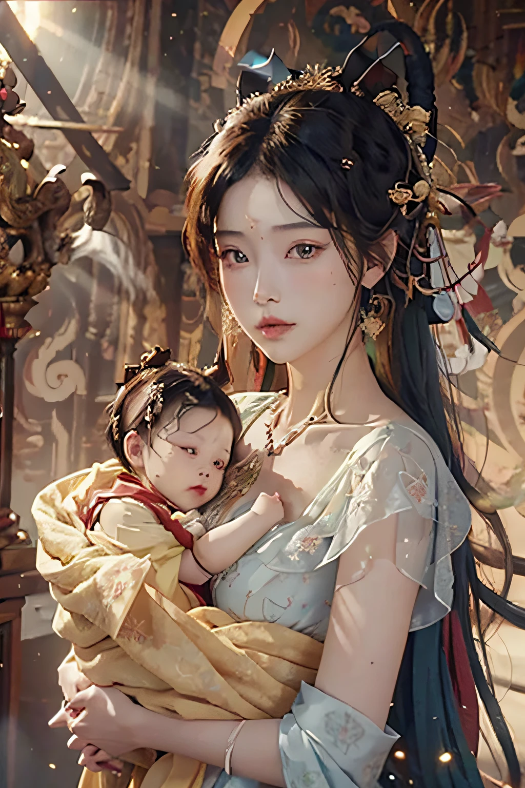 NSFW，（RAW photos，best qualtiy），（realisticlying，photograph realistic：1.3），best qualtiy，highly  detailed，tmasterpiece，ultra - detailed，illustratio，1girll，The upper part of the body_Body，dynamic angle，Masterpiece Theatre of the World，Messy_Long_Hair，best qualtiy，the Extremely Detailed CG Unity 8K Wallpapers，ink，astounding，cinmatic lighting，lens_flare，dunhuang_Style，s the perfect face，delicated face，（Look down at the  in your arms：1.5）eye detailed，Milky skin，（Holding a baby:1.5），Ancient China，（Baby boyve a pair of horns on their heads）