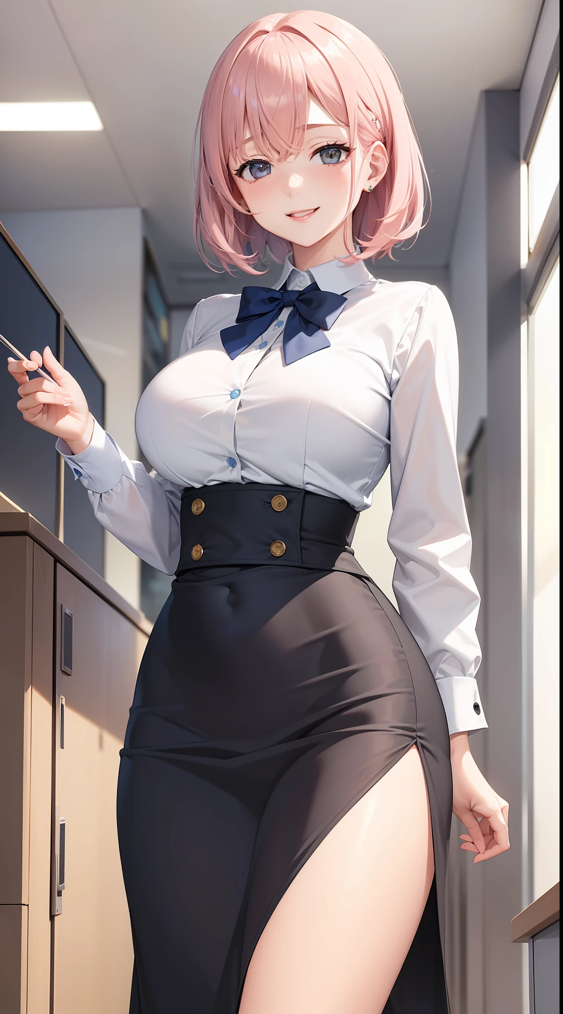 ((masterpiece, best)),(1girl),((mature woman)), light pink hair, dizzy, trumpet, ((office lady)), bangs, mid-chest, (full), slim, smiling, [wide hips] ,office,standing, aru \(blue archive\),
