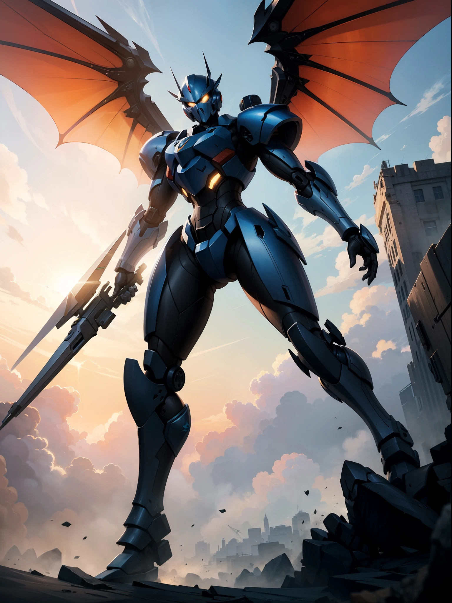 (masterpiece, top quality: 1.3), highly detailed, complex, 8k, HDR, wallpaper, movie lighting, shining, armor, shining eyes, mech, realistic, mech, big wings, holding the sky, flight, weapon,