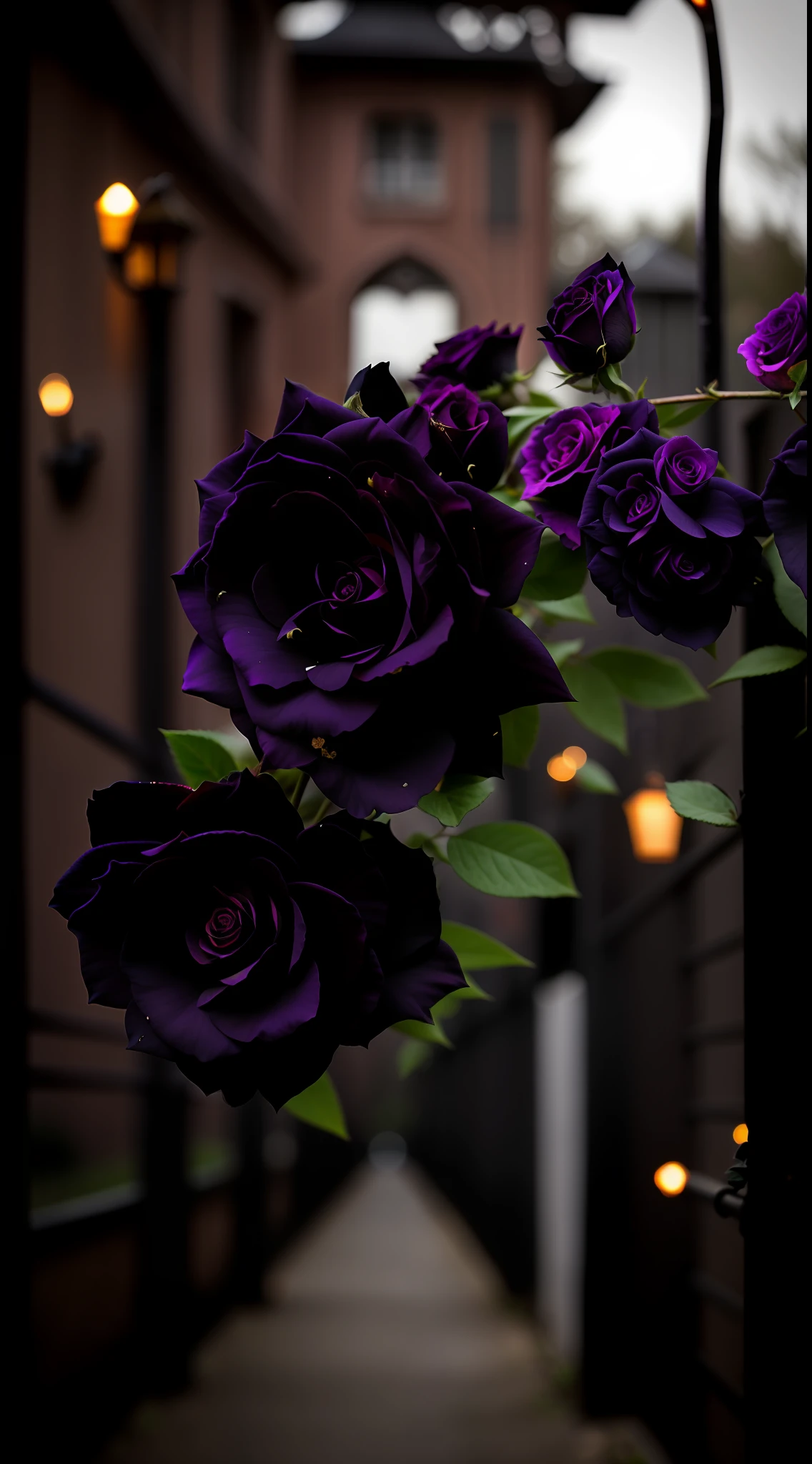 There are two black roses hanging from the fence, Black roses, black roses, roses in cinematic light, Black flowers, Black and purple rose petals, dark flowers, she is the queen of black roses, beautiful deep colors, Black roses in hair, Rich and deep colors, dark vibrant colors, Beautiful photography, rosette, Dark and moody colors
