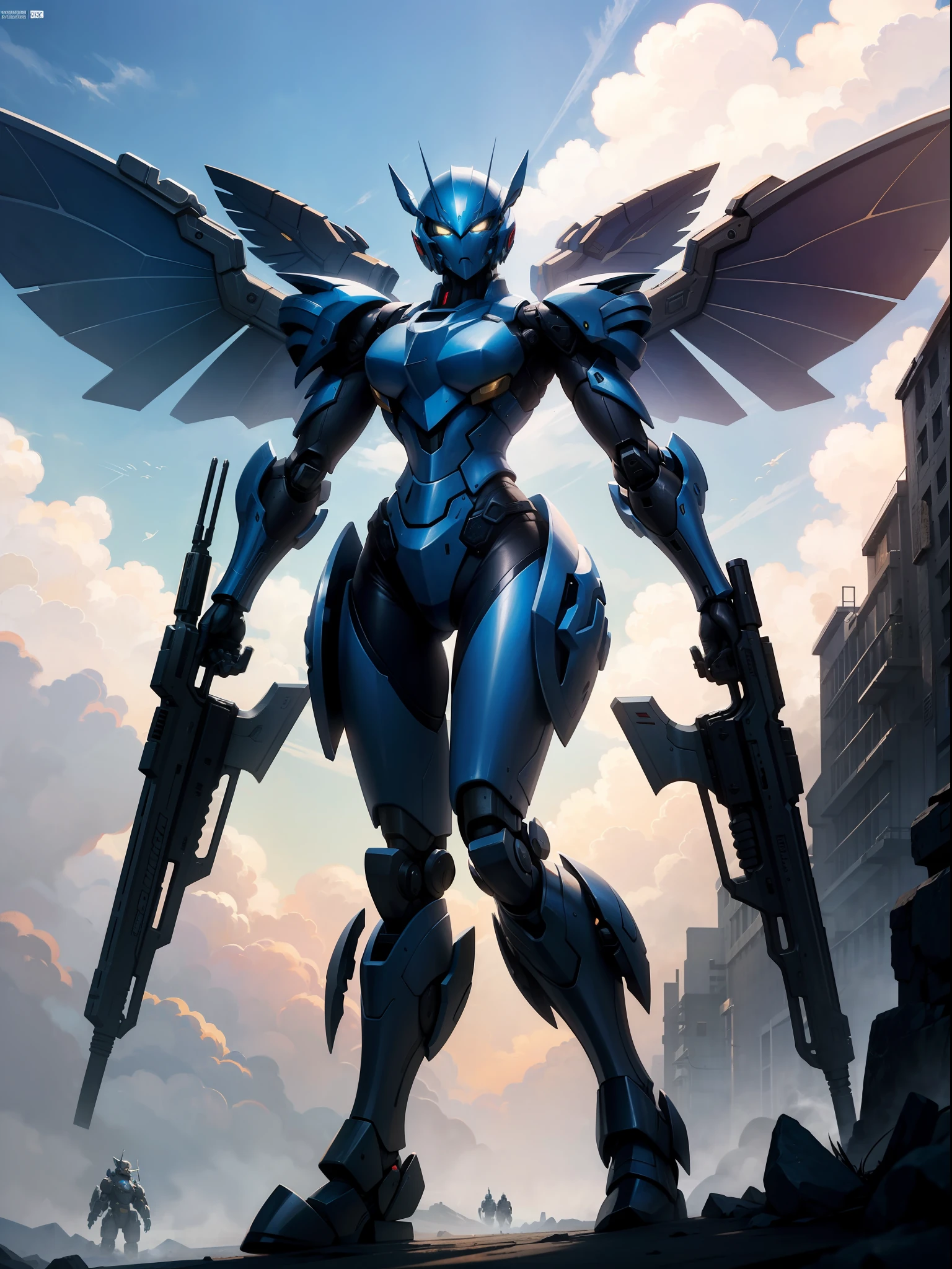 (masterpiece, top quality: 1.3), highly detailed, complex, 8k, HDR, wallpaper, movie lighting, shining, armor, shining eyes, mech, realistic, mech, big wings, holding the sky, flight, weapon,