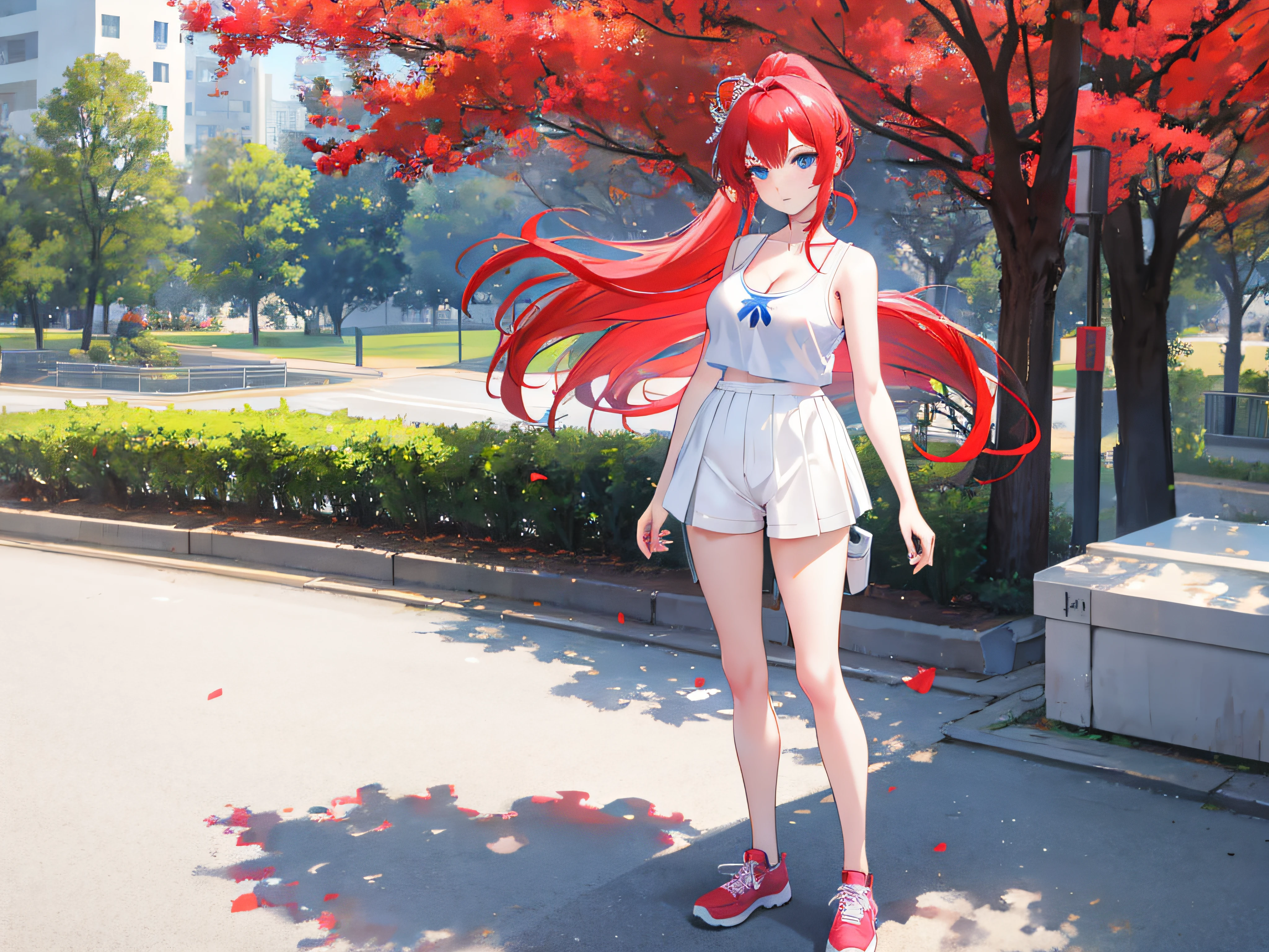 (full body) photo of a beautiful sexy high school girl wearing white tank top, extremely short pants , stands_straight, teen girl, in the park, blue eyes, long hair, tiara, red hair,cleavage, looking at viewer, ponytail,medium breasts, solo,