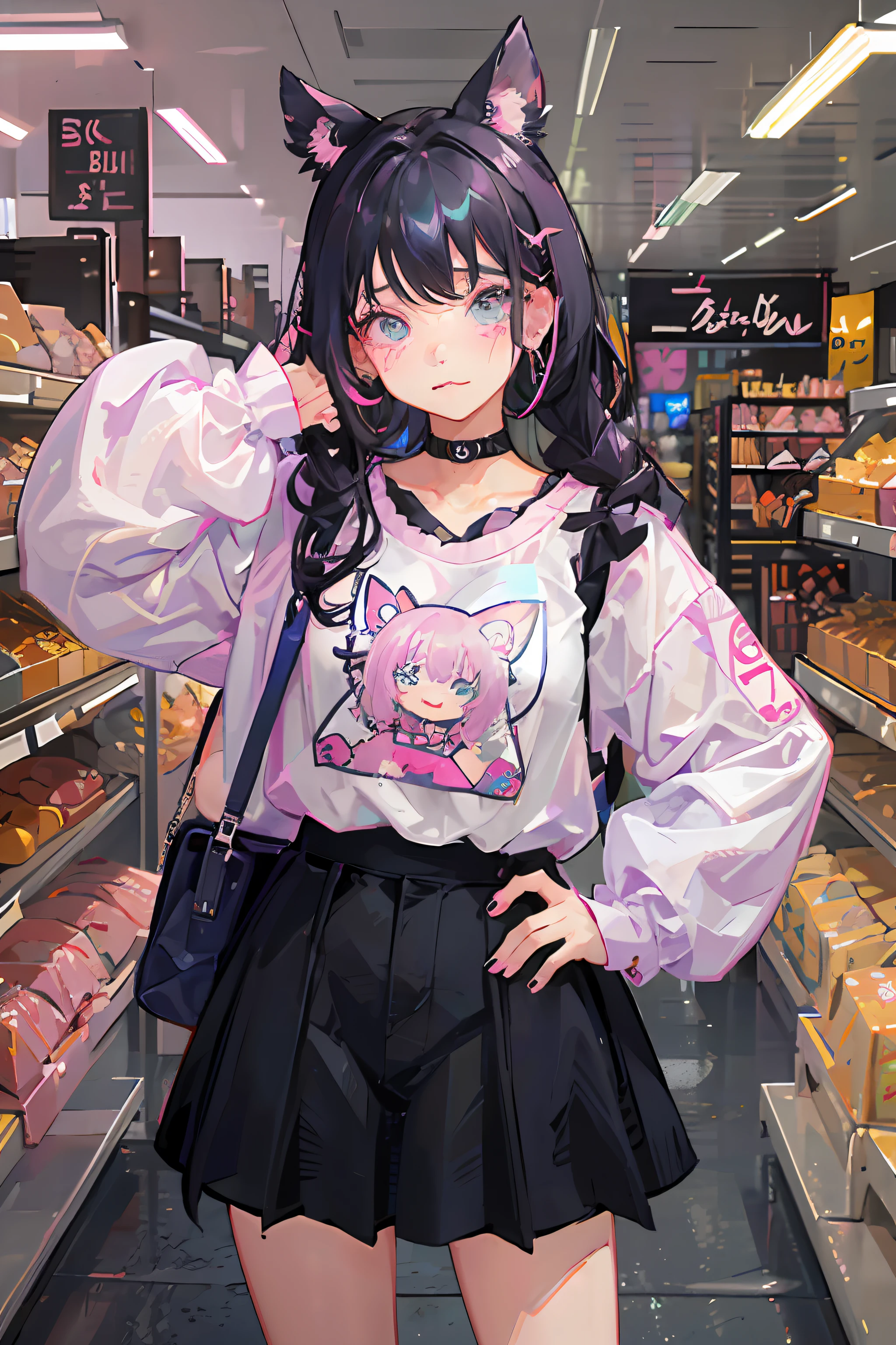 There is a little girl standing in the store, so cute, super cute and friendly, black pink Josie, けもの, E-girl, kawaii shirt and jeans, electronic girl, Ruan cute vtuber, Snapchat photos, cute girl, black pink Rosanna Park, Ultra HD, 8k, Best Light, Model Making Material, PCV Material, Resin, POP MART_style_design, 6 years old little girl, 🤬 🤮 💕 🎀 🤮 🎀 😭 💕 Super cute