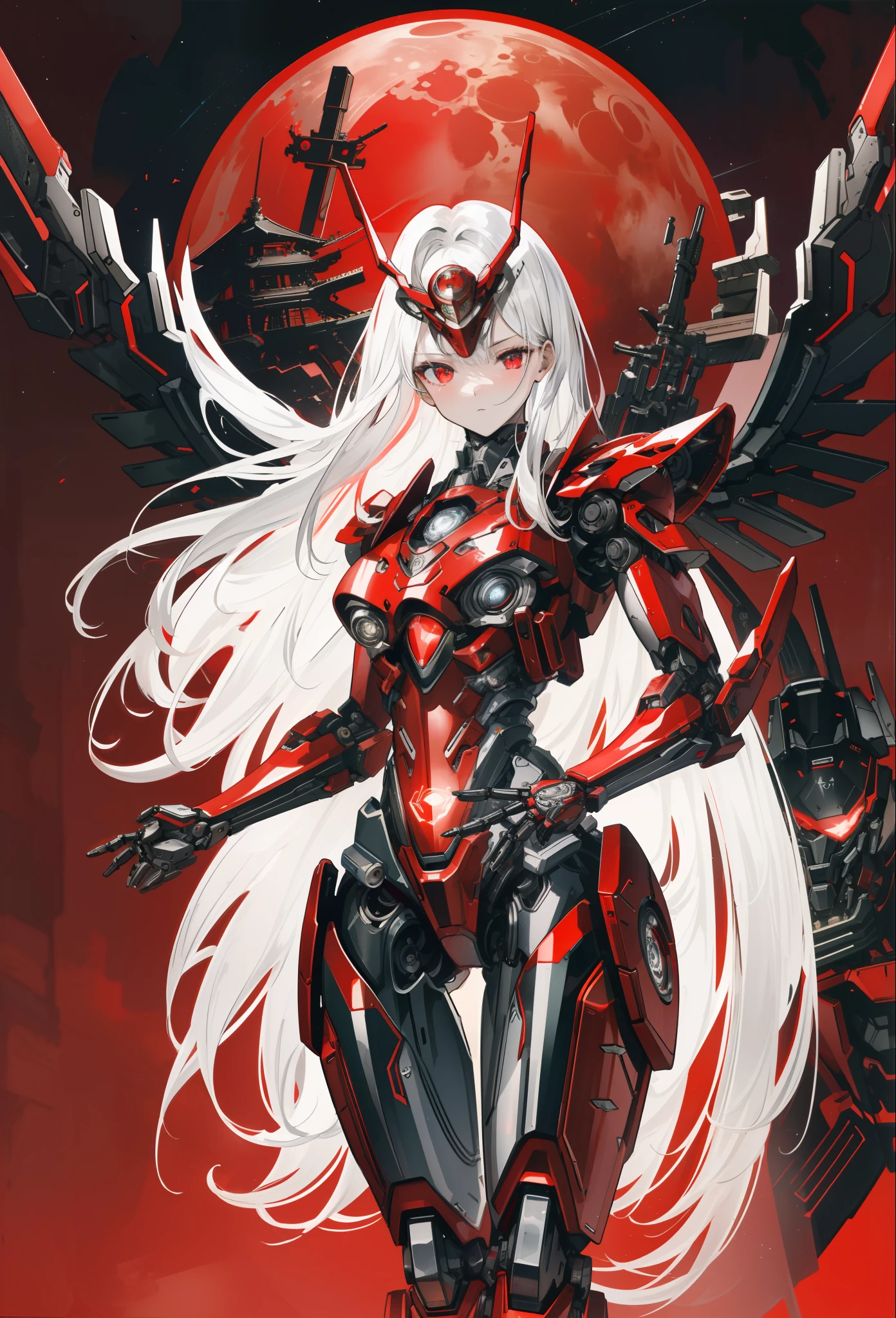 masterpiece,best quality,ultra-detailed,very detailed illustrations,extremely detailed,intricate details,highres,super complex details,extremely detailed 8k cg wallpaper,cowboy shot, caustics,reflection,ray tracing, (red_theme, black_theme:1.3), 1girl:1.4), solo, alone, (mecha musume, mechanical parts ,robot joints, mechanical arm, mechanical legs, headgear, intricate mechanical bodysuit, full armor, red mechanical wings), very long hair, silver hair, white hair, red eyes, glowing eye, eye trail, random expressions, random action, ancient japanese architecture, pond, starry sky,skyline, moon lit, detailed background, ((masterpiece)), absurdres, HDR,