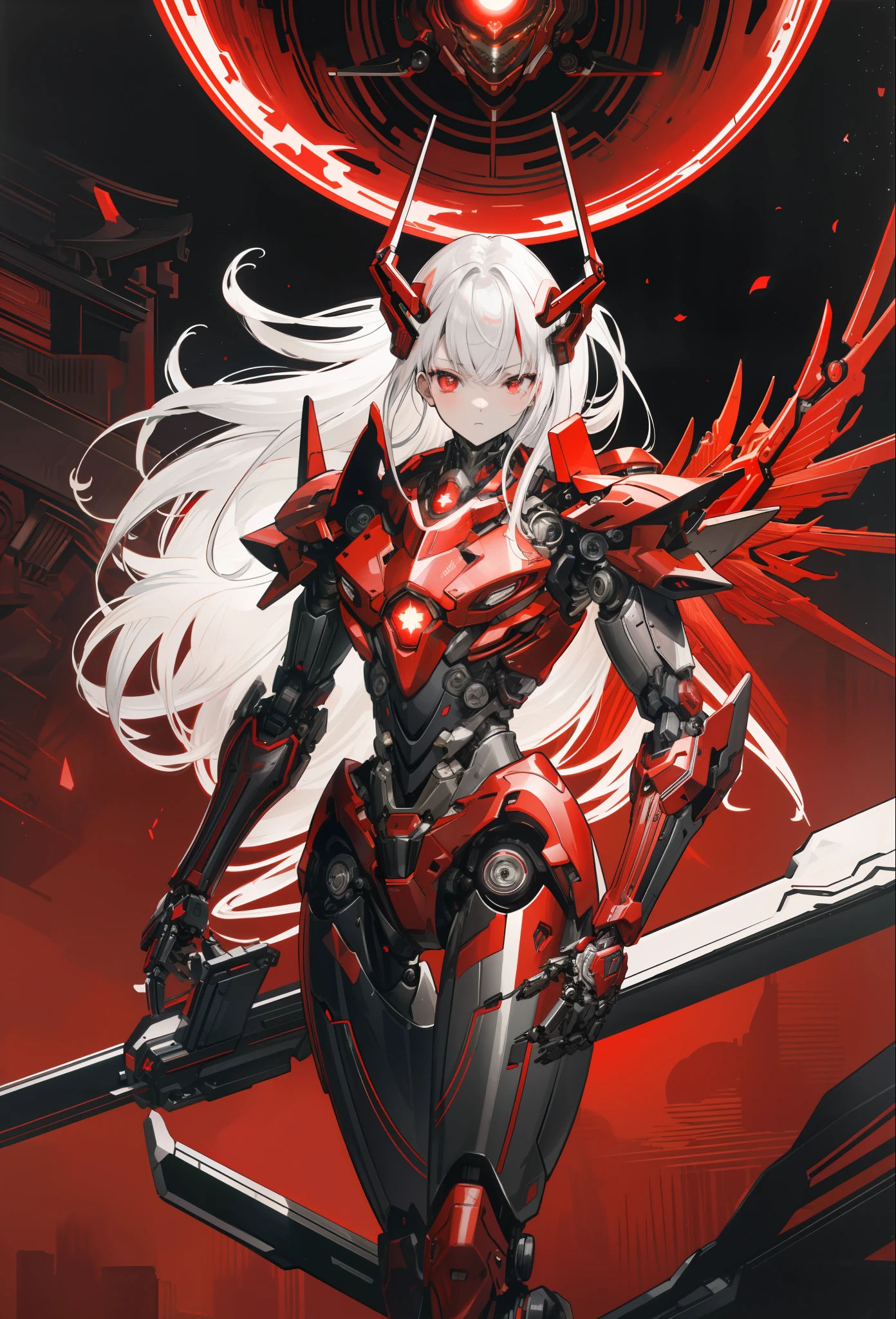 masterpiece,best quality,ultra-detailed,very detailed illustrations,extremely detailed,intricate details,highres,super complex details,extremely detailed 8k cg wallpaper,cowboy shot, caustics,reflection,ray tracing, (red_theme, black_theme:1.3), 1girl:1.4), solo, alone, (mecha musume, mechanical parts ,robot joints, mechanical arm, mechanical legs, headgear, intricate mechanical bodysuit, full armor, red mechanical wings), very long hair, silver hair, white hair, red eyes, glowing eye, eye trail, random expressions, random action, ancient japanese architecture, pond, starry sky,skyline, moon lit, detailed background, ((masterpiece)), absurdres, HDR,