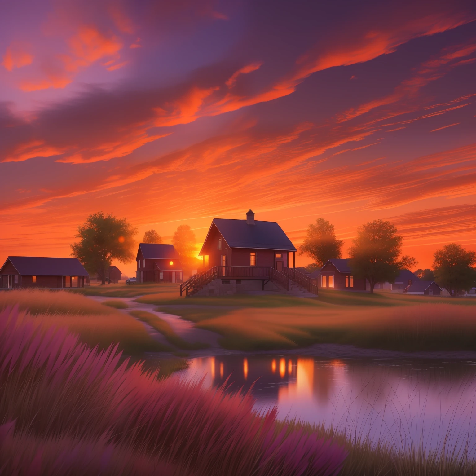I watch as the glowing orange sun sinks towards the horizon, casting its warm rays over the fledgling village of Reed. As dusk approaches on this summer evening, the winding dirt roads and small wooden buildings of the village are bathed in a soft golden light. I gather with a handful of other settlers in the small town square, weary but filled with hope after our long journey and first night in our new home.
We look to the spectacular sunset, taking in the breathtaking panoramic view of the open prairie surrounding us. The sky is ablaze with vibrant pinks, oranges, and red hues that stretch as far as my eye can see. Light wispy clouds are dotted across the horizon, highlighted in purple and blue tones as the sun continues its descent.
The glowing orange orb changes to a deep crimson, as its bottom edge kisses the flat landscape signaling the coming night. The vivid colors start to fade into soft yellows and darker blues, creating a gradient of colors across the dimming sky. The sunset reflects off the small pond at the edge of town, making its still waters sparkle. By Joshua Holford Photography Award Winning Detail and Flare 8k fz80