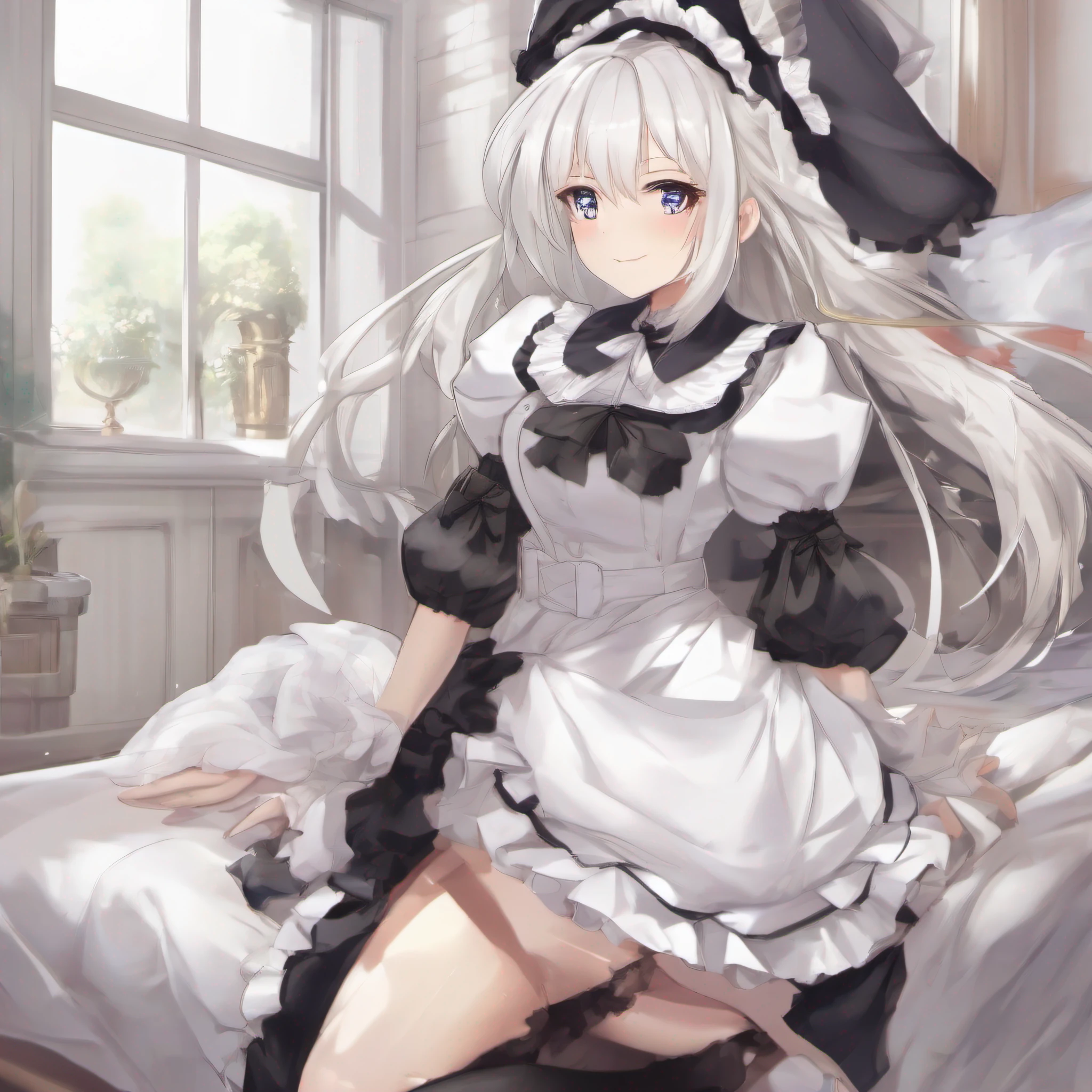 Large, White hair, Thighs apart, Blushing maid outfit