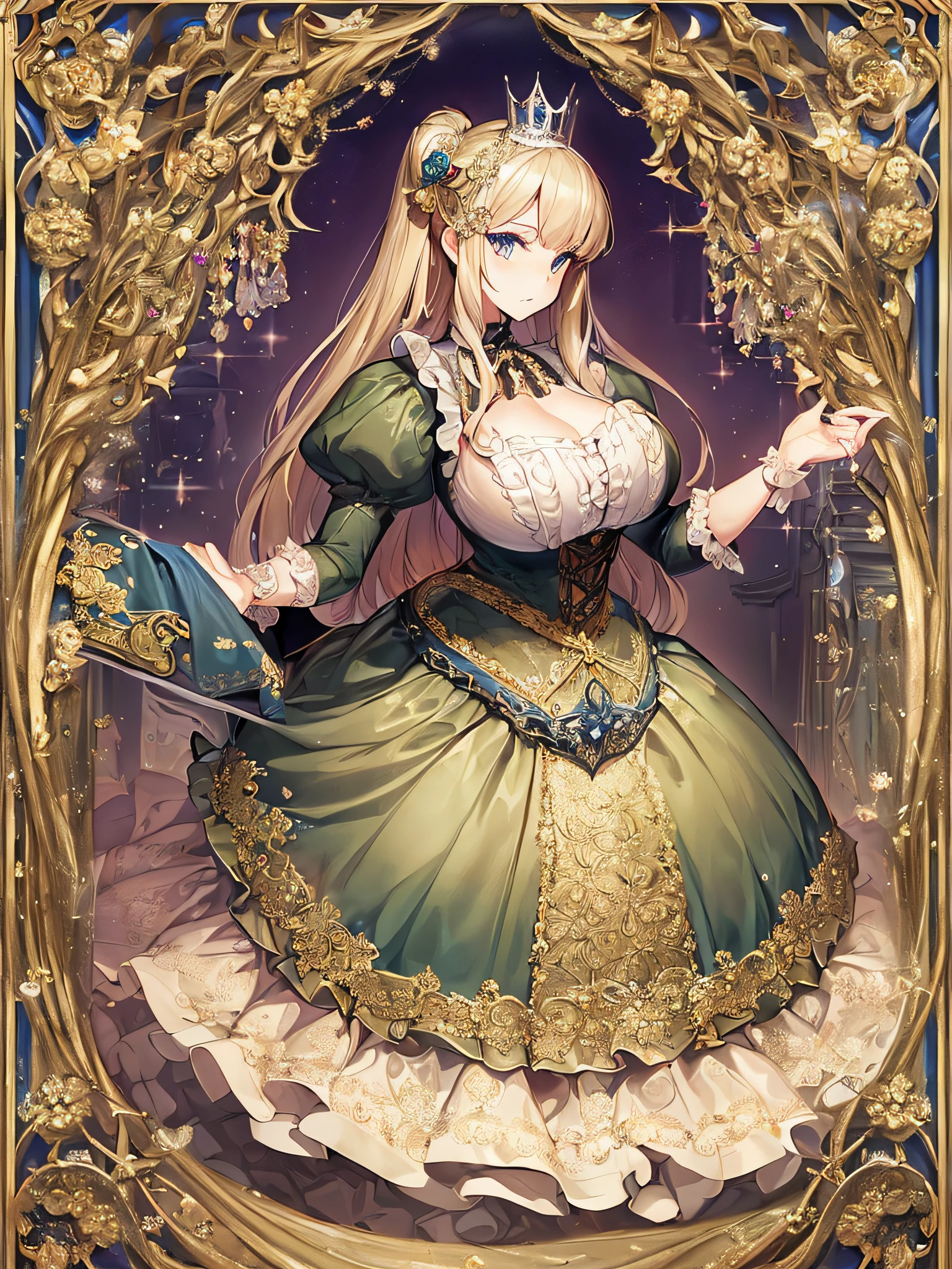 ((anime artstyle)),(Masterpiece),(Best Quality), (Super Detail),((Very Delicate and Beautiful)),((Solo)),((full body)),((1 princess in gorgeousfull victorian dress)),many ruffles,detailed face and eyes,jewel-like eyes,((voluminous Very Long Straight Hair)),((gorgeousfull embroidery and lace)),gorgeous corsage,See-through,gorgeousfull hair ornament,gorgeousfull glitter jeweled tiara,ornate ruffles,((gigantic breasts,Long breasts)),skindentation,((full body)),((hoop skirt,crinoline)),standing pose,Dynamic Angle,Looking at viewer,royal victorian palace,(((gorgeous embroidery gorgeousfull victorian dress)),full body