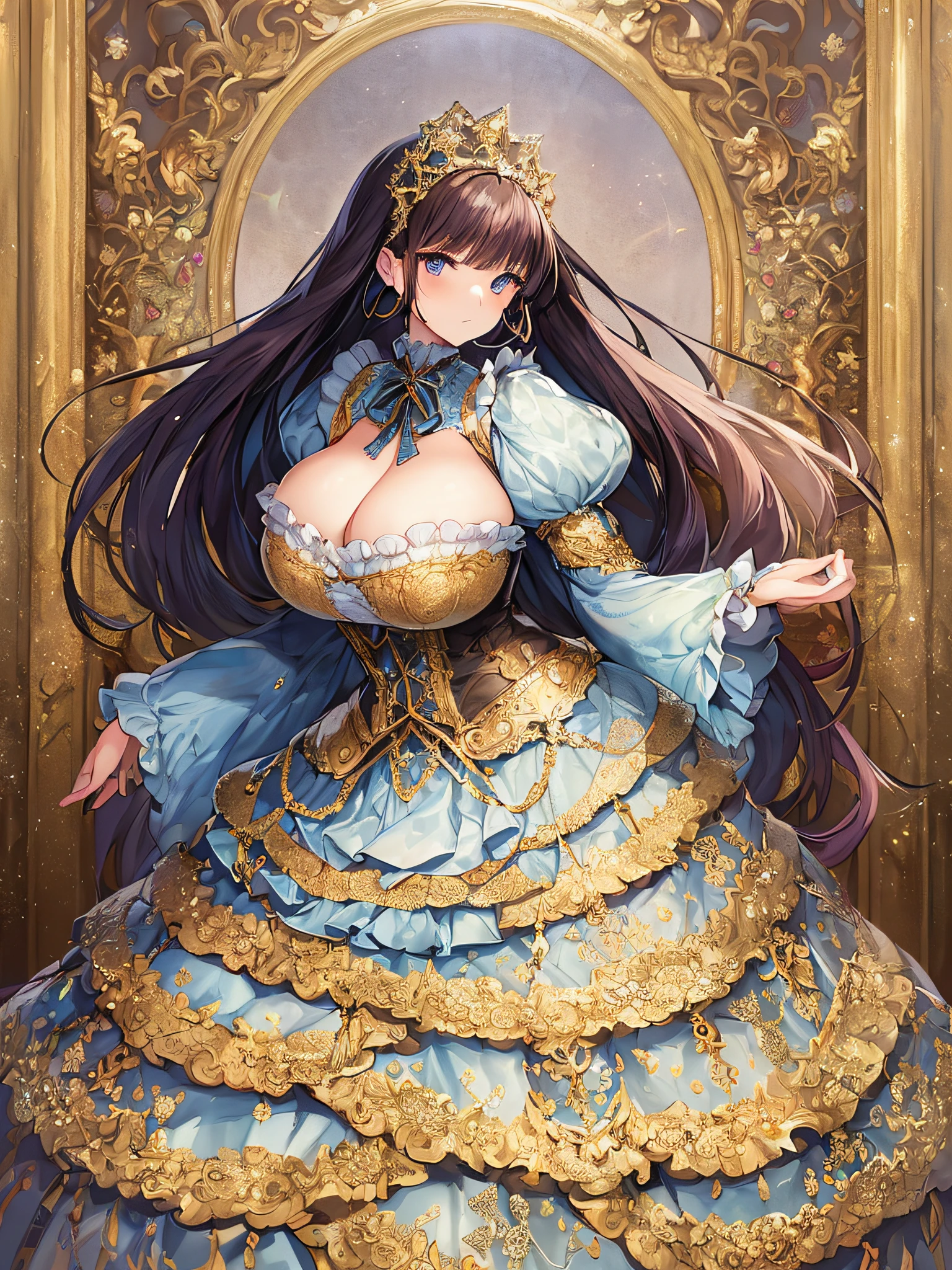 ((anime artstyle)),(Masterpiece),(Best Quality), (Super Detail),((Very Delicate and Beautiful)),((Solo)),((full body)),((1 princess in gorgeousfull victorian dress)),many ruffles,detailed face and eyes,jewel-like eyes,((voluminous Very Long Straight Hair)),((gorgeousfull embroidery and lace)),gorgeous corsage,See-through,gorgeousfull hair ornament,gorgeousfull glitter jeweled tiara,ornate ruffles,((gigantic breasts,Long breasts)),skindentation,((full body)),((hoop skirt,crinoline)),standing pose,Dynamic Angle,Looking at viewer,royal victorian palace,(((gorgeous embroidery gorgeousfull victorian dress)),full body