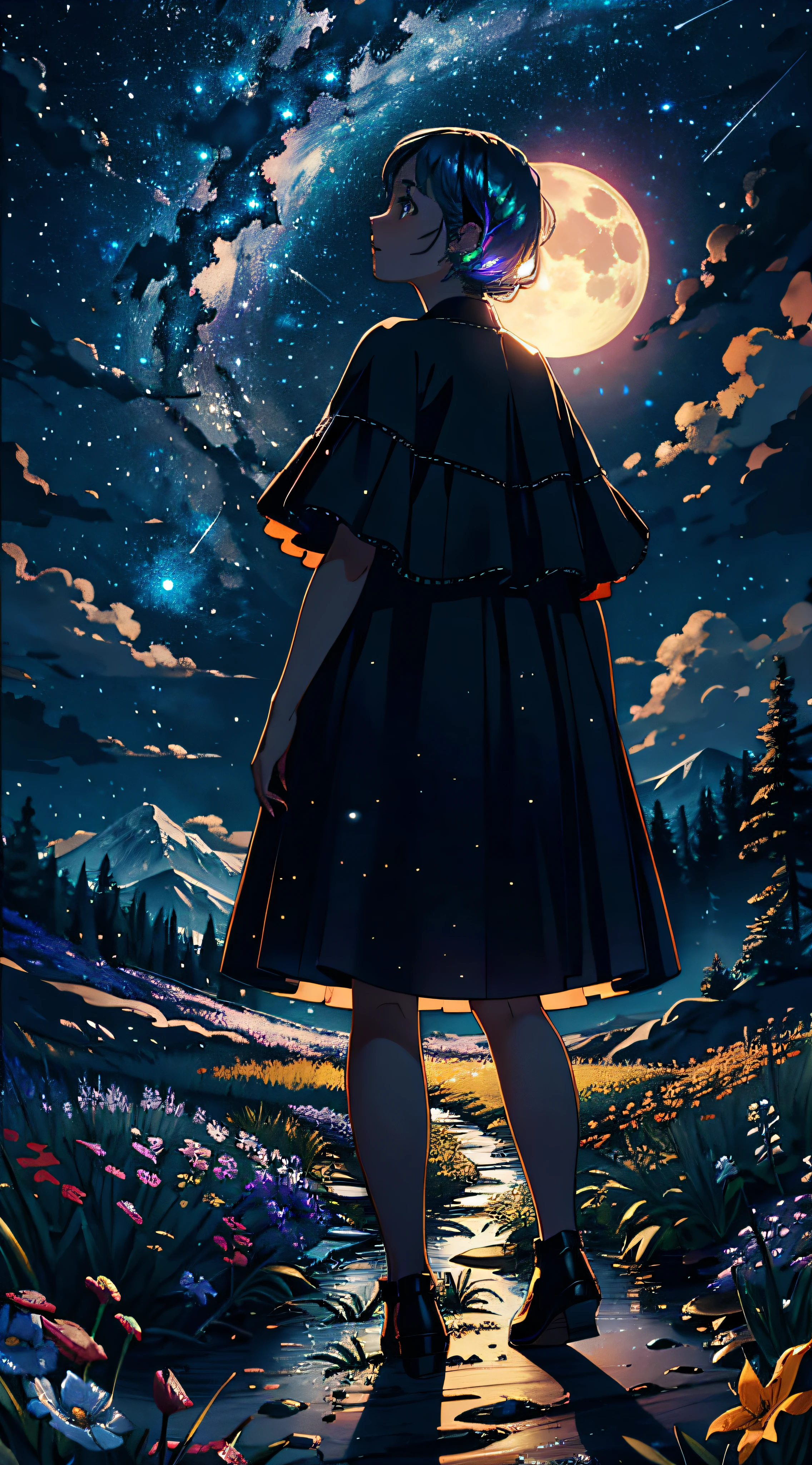 Expansive landscape photograph, (view from below with a view of the sky and the wilderness below), girl standing in a flower field looking up, (full moon: 1.2), (shooting star: 0.9), (nebula: 1.3), distant mountain, tree break production art, (warm light source: 1.2), (firefly: 1.2), lamp, purple and orange, intricate detail, volume lighting BREAK (masterpiece: 1.2), (highest quality ), 4k, ultra-detailed, (dynamic configuration: 1.4), highly detailed and colorful details (iridescent: 1.2), (sparkling lighting, atmospheric lighting), dreamy, magical, (solo: 1.2)
