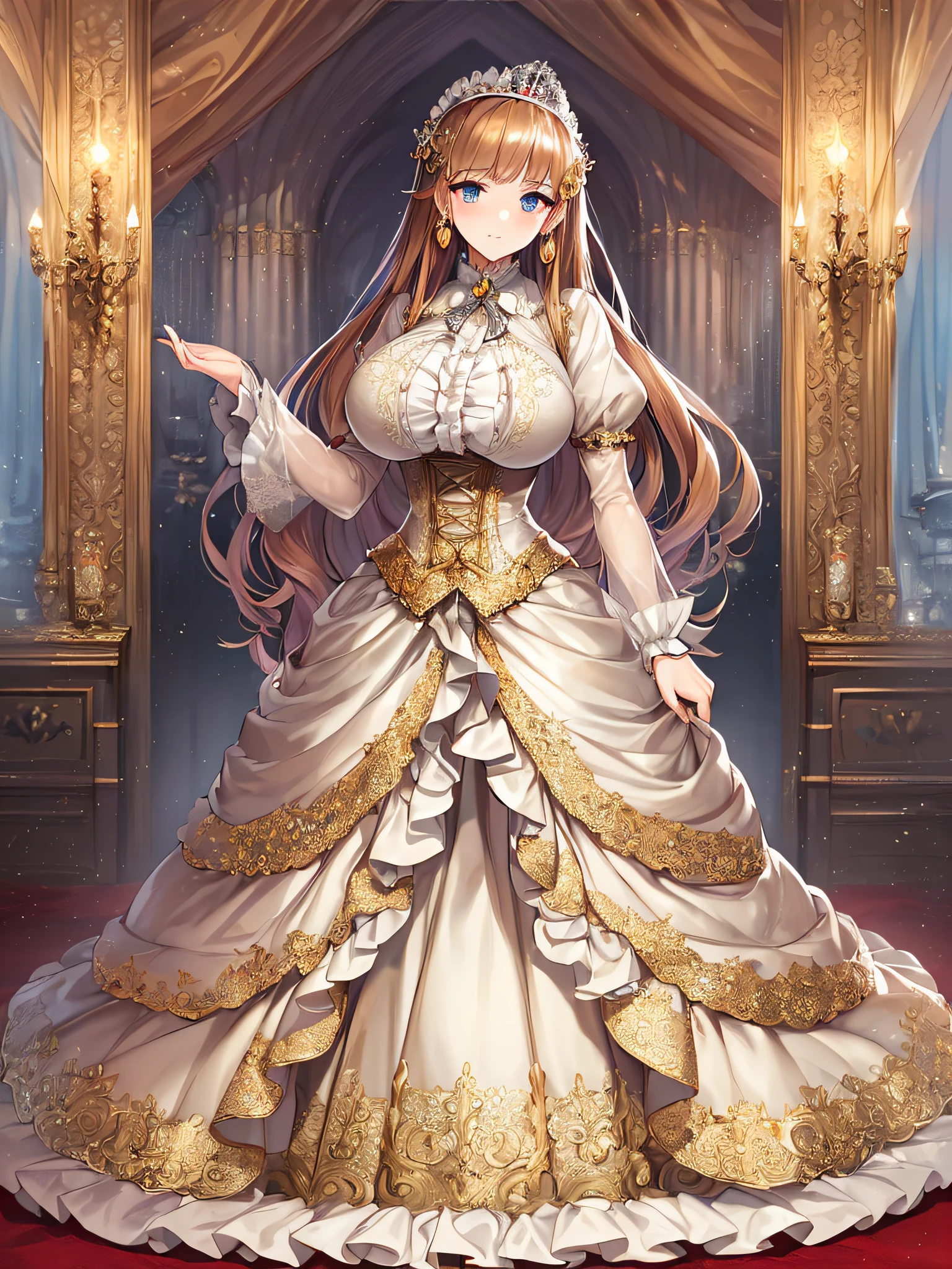 ((anime artstyle)),(Masterpiece),(Best Quality), (Super Detail),((Very Delicate and Beautiful)),((Solo)),((full body)),((1 princess in gorgeousfull victorian dress)),many ruffles,detailed face and eyes,jewel-like eyes,((voluminous Very Long Straight Hair)),((gorgeousfull embroidery and lace)),gorgeous corsage,See-through,gorgeousfull hair ornament,gorgeousfull glitter jeweled tiara,ornate ruffles,((gigantic breasts,Long breasts)),skindentation,((full body)),((hoop skirt,crinoline)),standing pose,Dynamic Angle,Looking at viewer,royal victorian palace,(((gorgeous embroidery gorgeousfull victorian dress)),full body