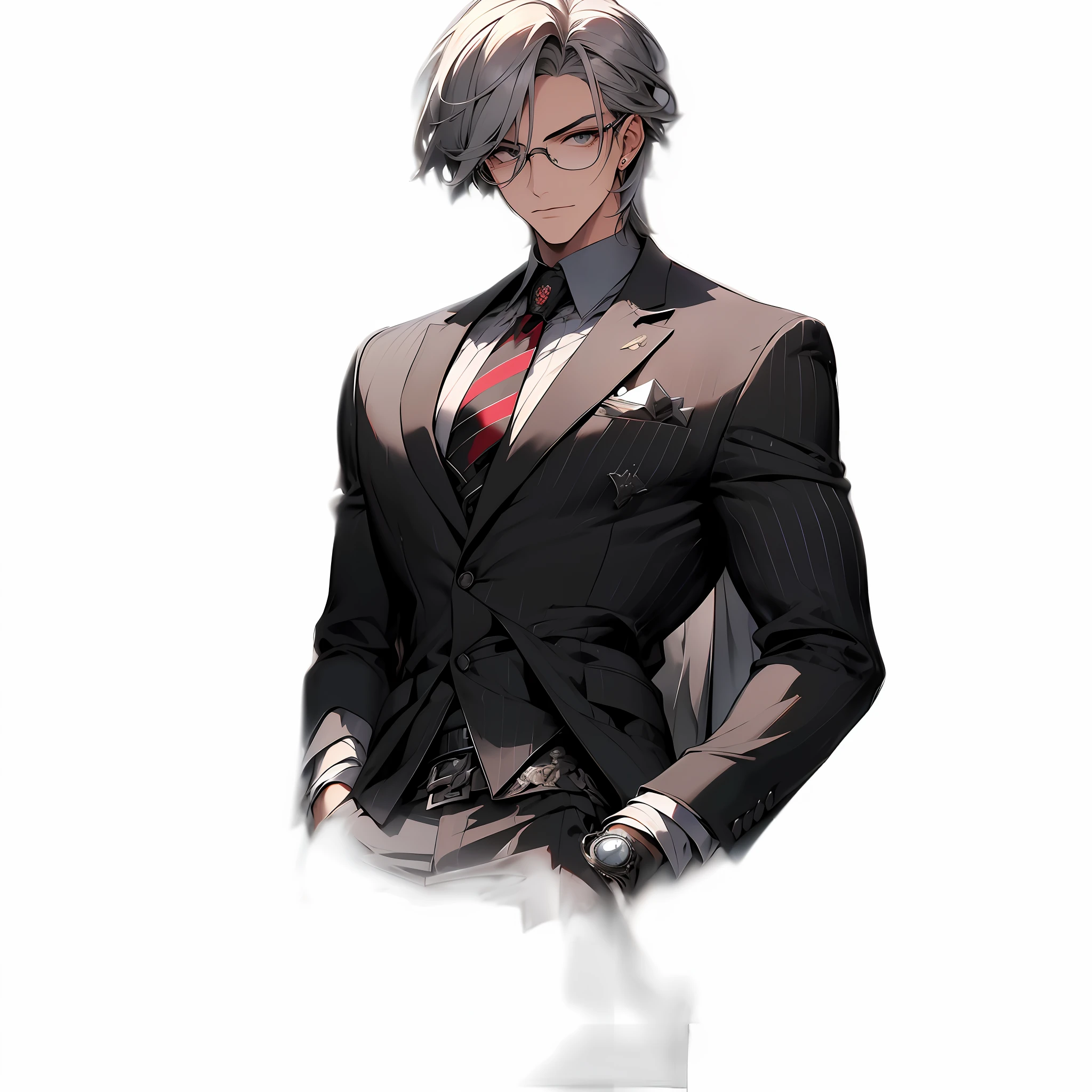 hyper-high detail，Light gray thick hair，Black framed glasses men，Wearing a gorgeous black suit，Black pants，Black leather shoes，A black blazer is draped over the body，Full body standing painting，Demon lover painting style，Wears a gray vertical striped shirt and tie，Handsome anime characters, official character illustration