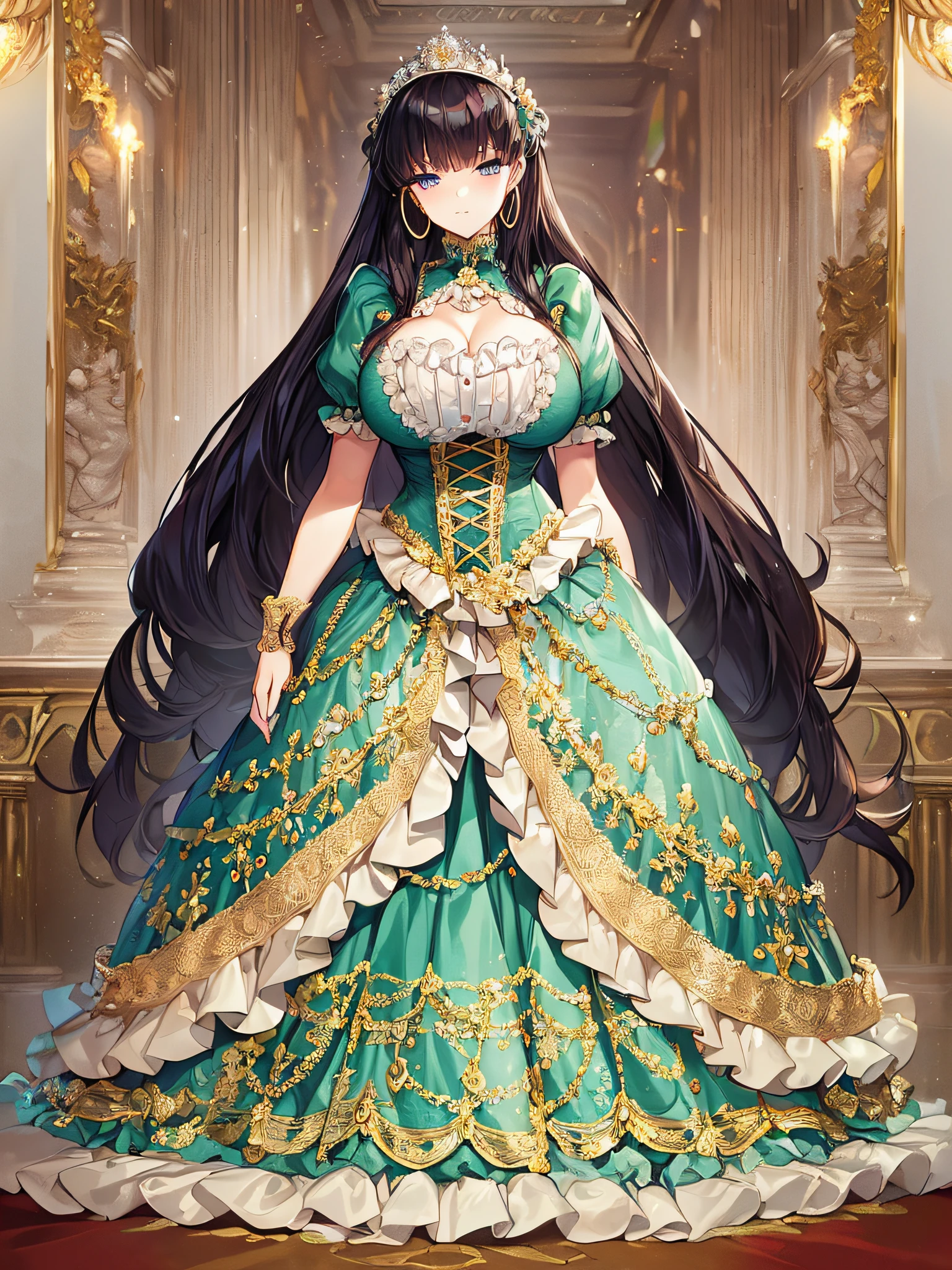 ((anime artstyle)),(Masterpiece),(Best Quality), (Super Detail),((Very Delicate and Beautiful)),((Solo)),((full body)),((1 princess in gorgeousfull victorian dress)),many ruffles,detailed face and eyes,jewel-like eyes,((voluminous Very Long Straight Hair)),((gorgeousfull embroidery and lace)),gorgeous corsage,See-through,gorgeousfull hair ornament,gorgeousfull glitter jeweled tiara,ornate ruffles,((gigantic breasts,Long breasts)),skindentation,((full body)),((hoop skirt,crinoline)),standing pose,Dynamic Angle,Looking at viewer,royal victorian palace,(((gorgeous embroidery gorgeousfull victorian dress)),full body