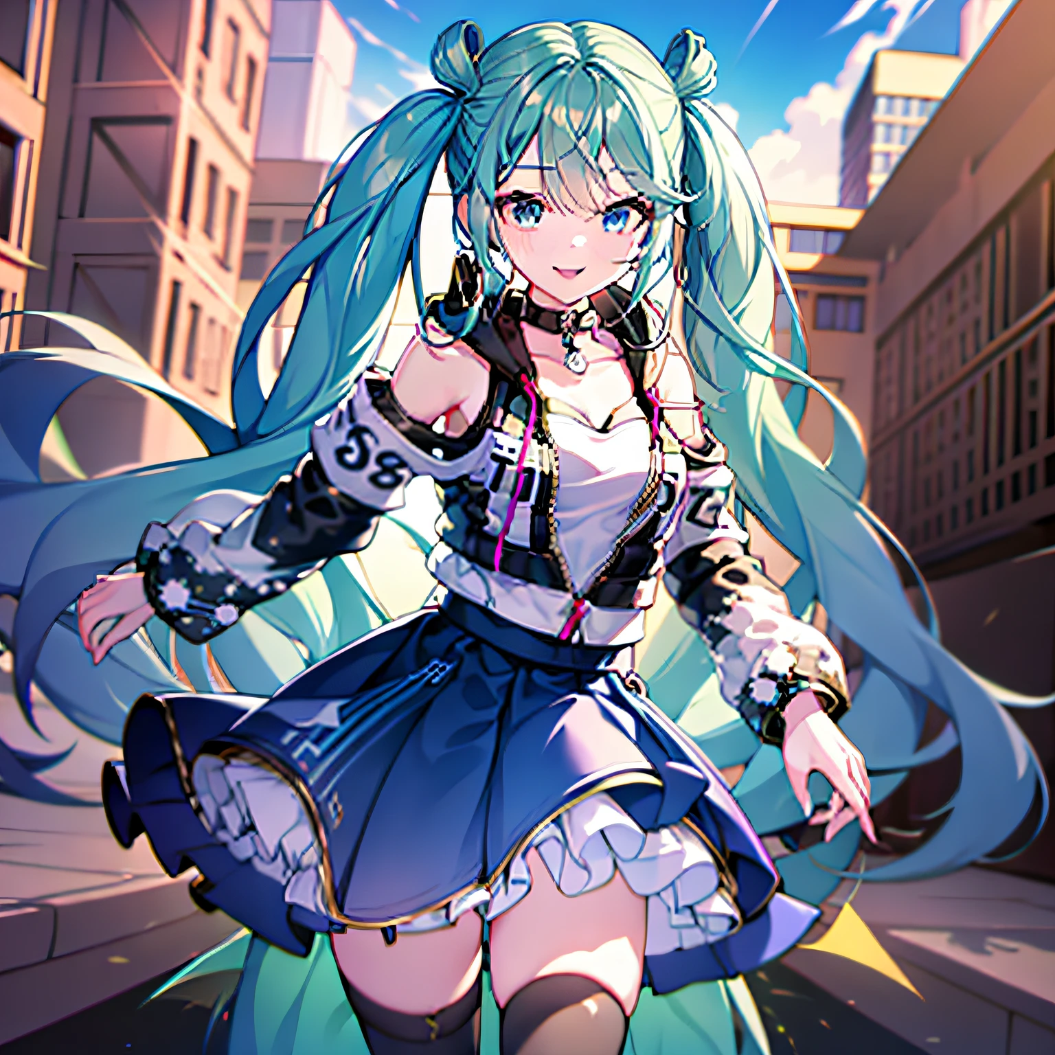 {{{vivimiku}}}, solo,masterpiece, best quality, highres, blue skirt, smile, stage, standing, cowboy shot, extremely detailed eyes