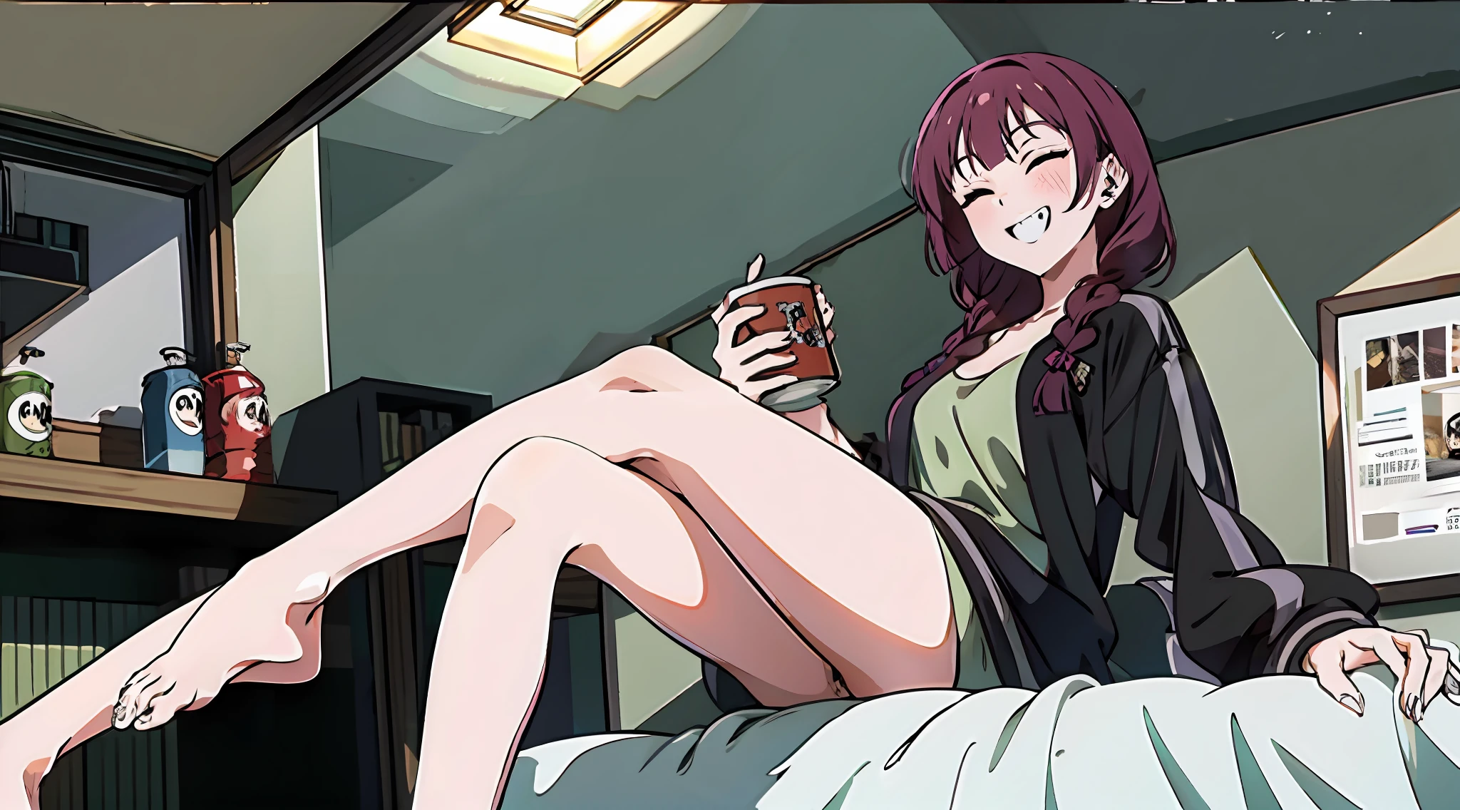 Top quality, High_Resolution, distinct_image, Detailed background, Dark hair, dutchangle, drunk, drunk, Bedroom, windowsill, Anime, upward eyes, Bare feet, Slender figure, smiling showing teeth (Eyes closed), Crossed legs, on top of the bed, sit with legs crossed, down view, can of beer, Children's room, Night, Black hair，nsfw