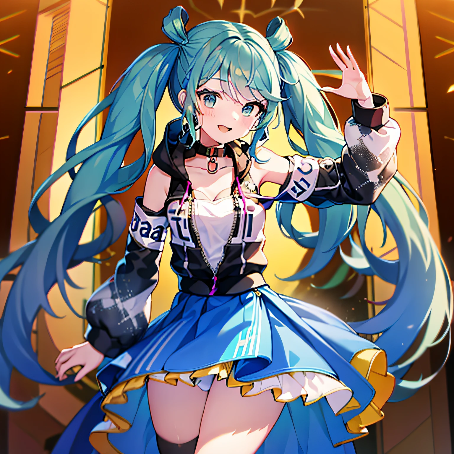 {{{vivimiku}}}, solo,masterpiece, best quality, highres, blue skirt, smile, stage, standing, cowboy shot, extremely detailed eyes